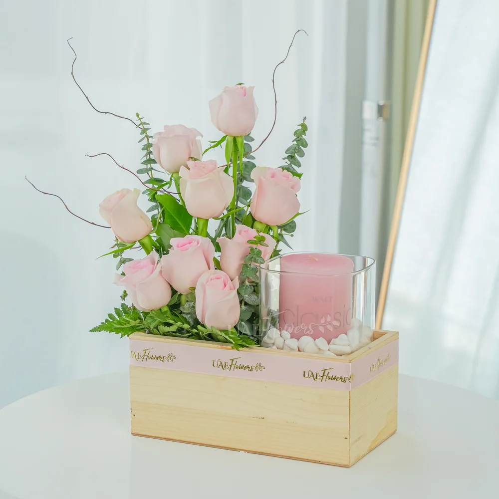 Roses & Candle in Wooden Box