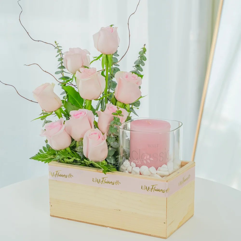 Roses & Candle in Wooden Box
