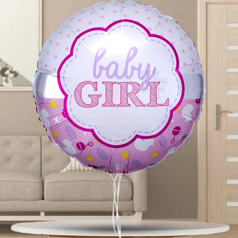 10 pink tulips in a vase, 1 kg chocolate cake and BABY GIRL foil balloon.