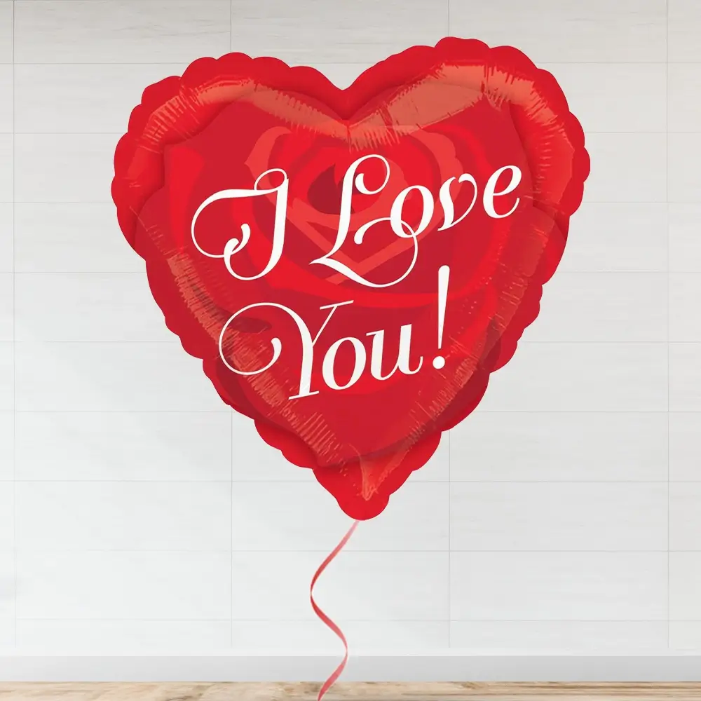 Bouquet of 12 Red Roses, heart-shaped I LOVE YOU foil balloon & Cake