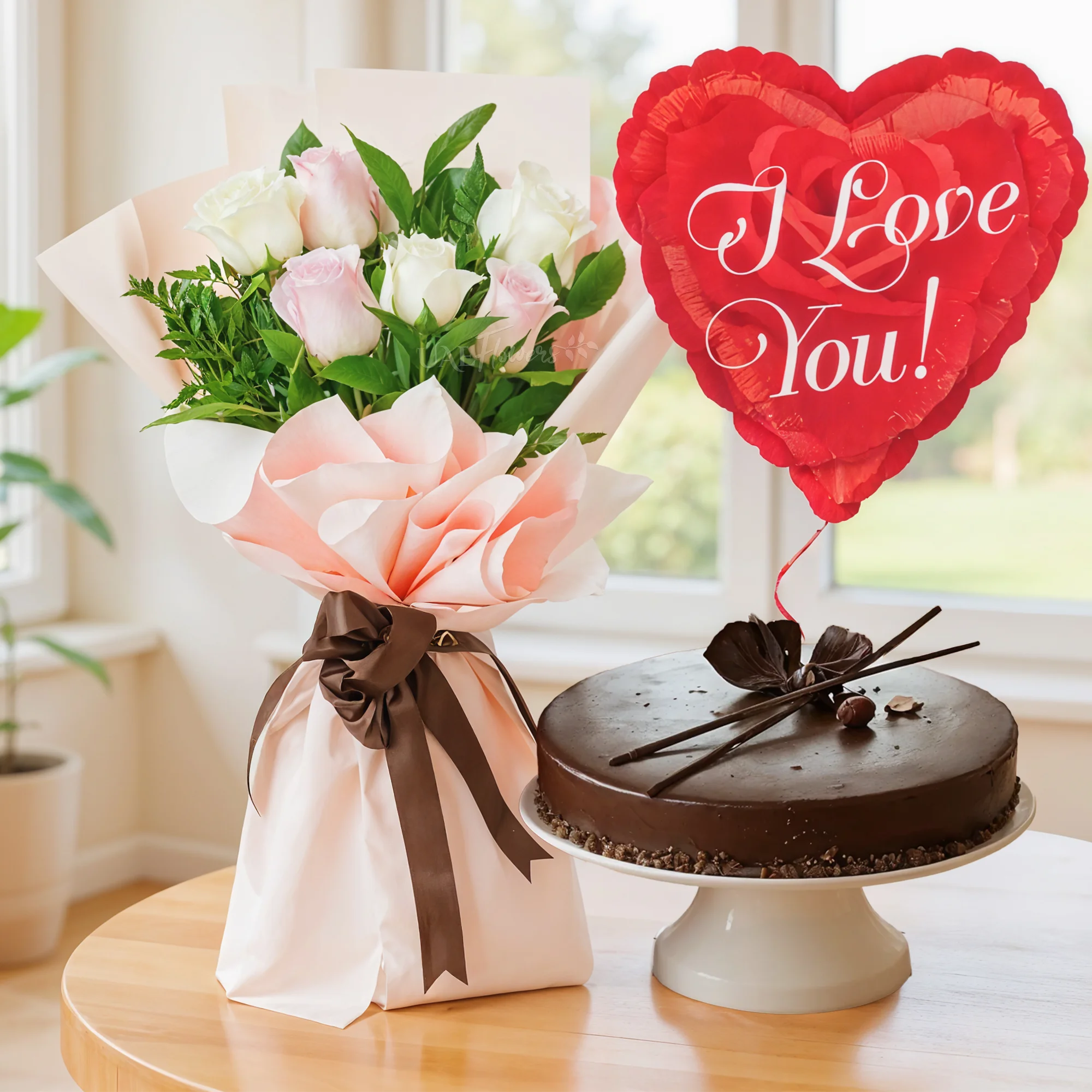 Bouquet of 6 pink and white roses with green fillers in nice wrapping, 1 Kg Chocolate Cake, I LOVE YOU” Foil Balloon