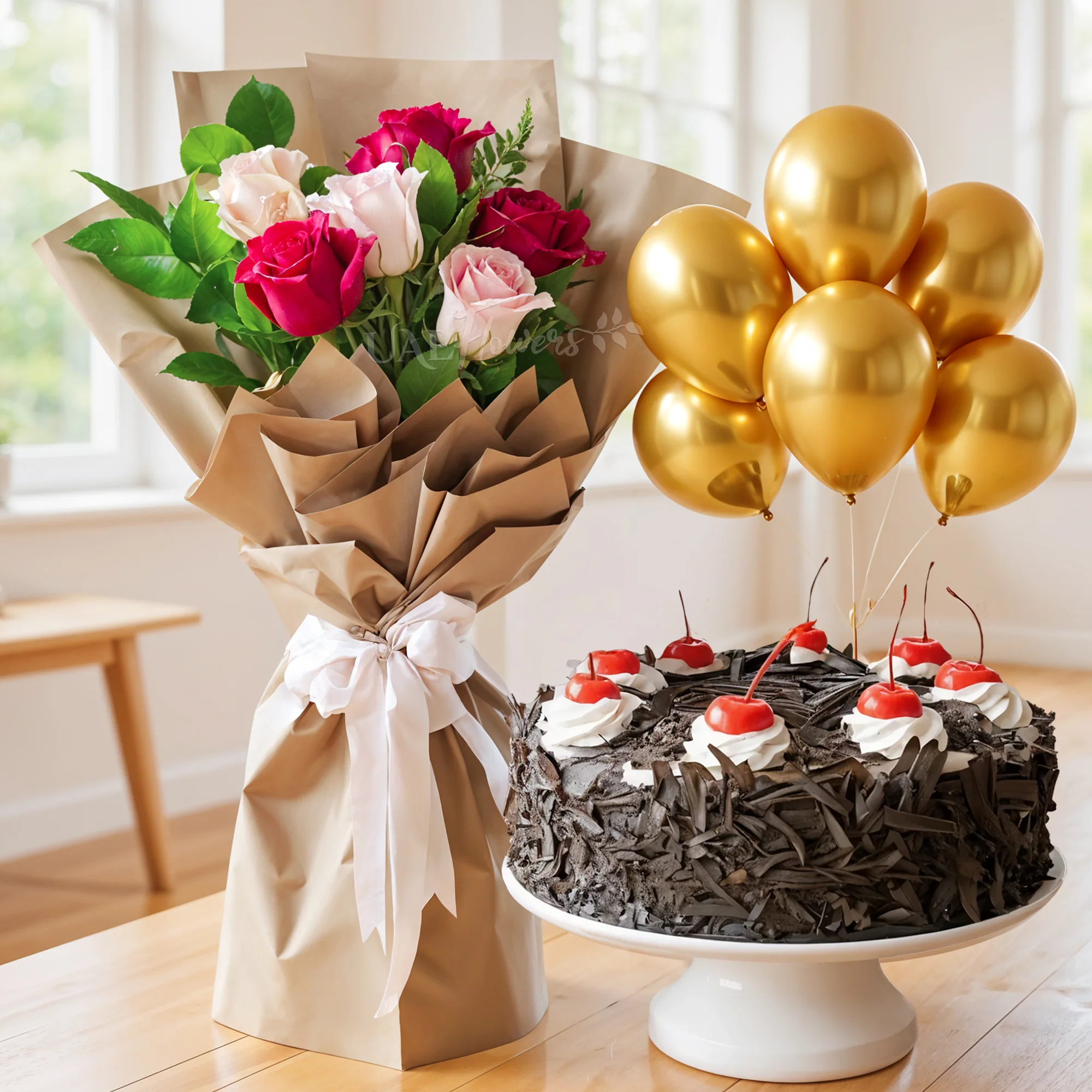 Bouquet of Red & Pink Roses, Black Forest Cake & Balloon