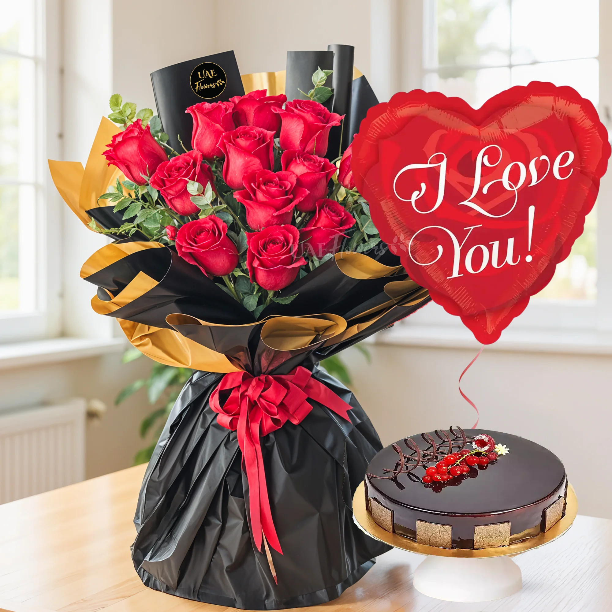 Bouquet of 12 Red Roses, heart-shaped I LOVE YOU foil balloon & Cake