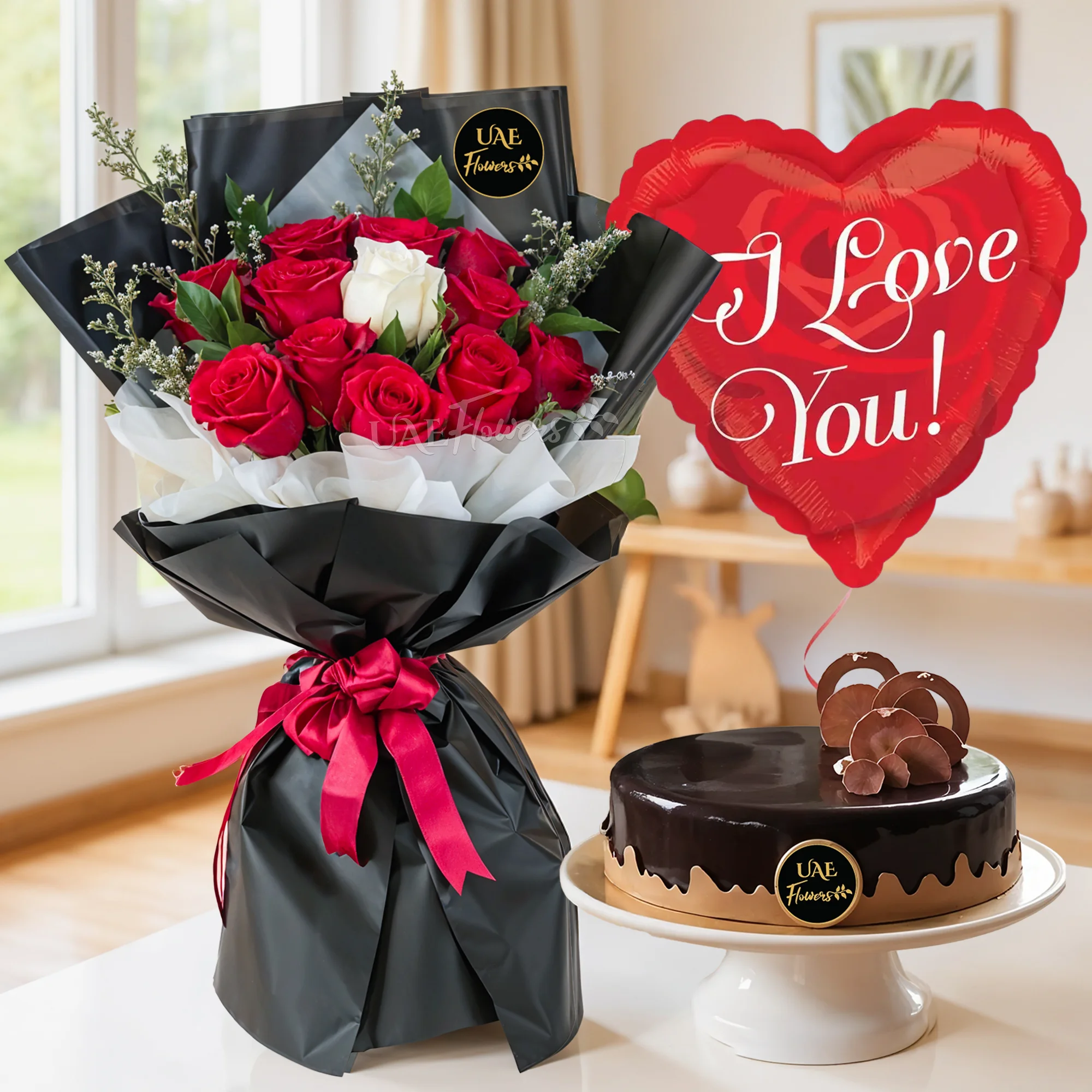 Bouquet of 12 red roses and 1 white rose in center with green fillers in paper packing and 1 kg chocolate cake with heart-shaped I LOVE YOU foil balloon.