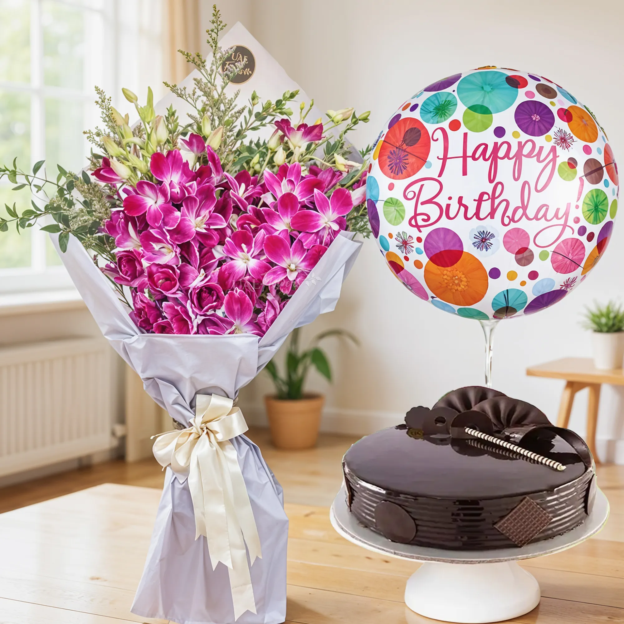 Bouquet Of 10 Purple Orchids, Cake & HAPPY BIRTHDAY Balloons