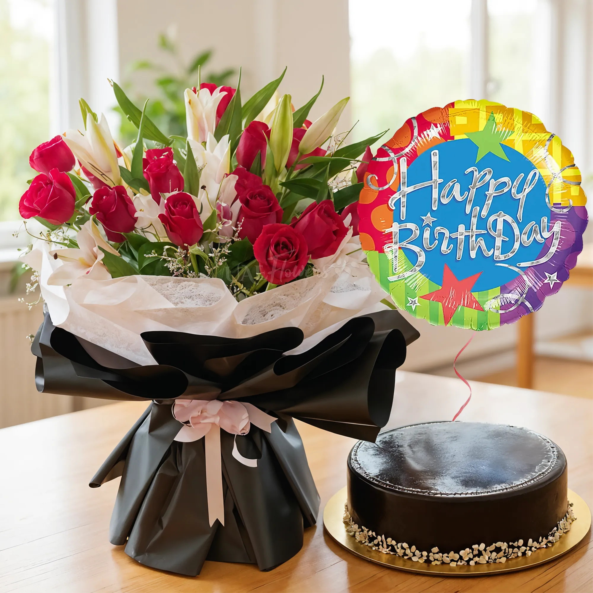Bouquet of 3 pink Lilies and 20 Red Roses with green fillers in nice wrapping with 1 Kg Chocolate Cake and HAPPY BIRTHDAY Foil Balloon.
