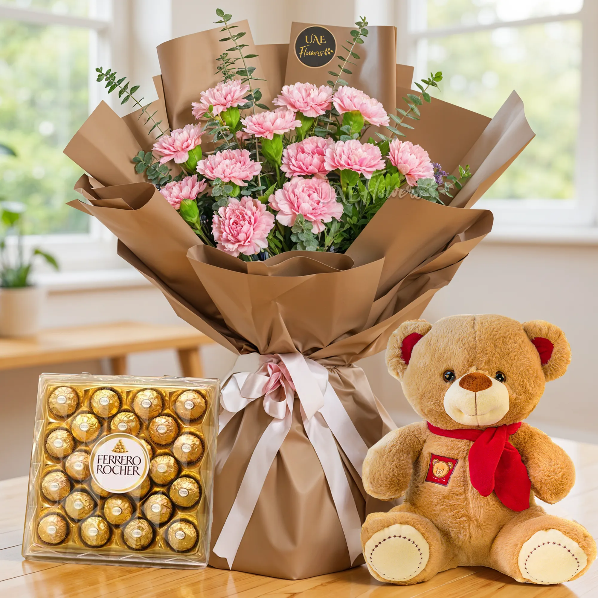 Bouquet of 12 pink carnations with limonium & green fillers in paper packing tied with ribbons with a small teddy bear and 24 pcs ferrero rocher chocolate.