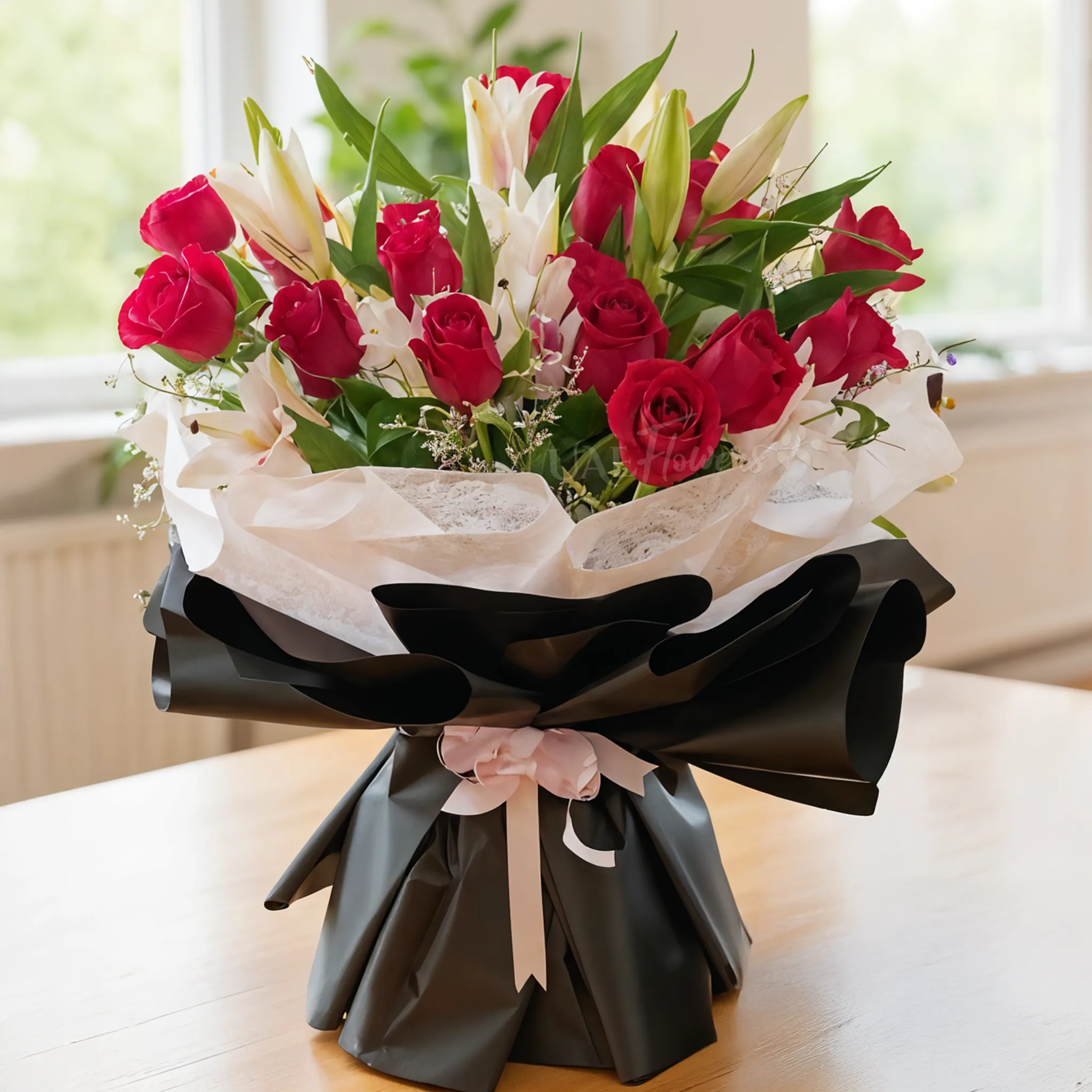 Bouquet of 3 pink Lilies and 20 Red Roses with green fillers in nice wrapping with 1 Kg Chocolate Cake and HAPPY BIRTHDAY Foil Balloon.
