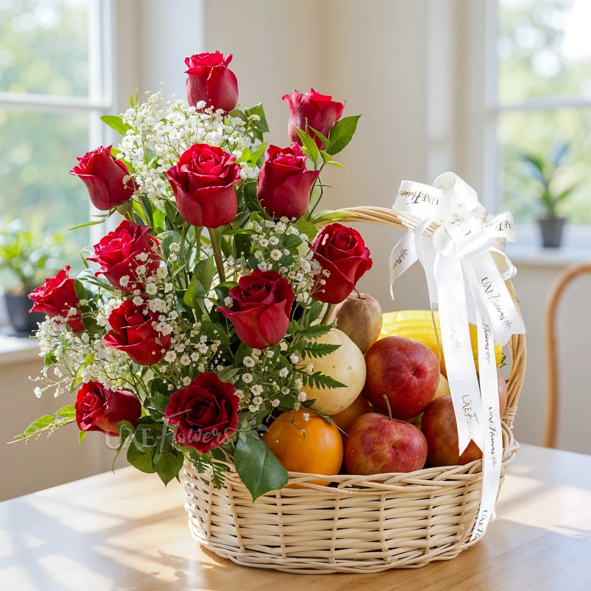 12 Red Roses and Mixed Fruits Basket
