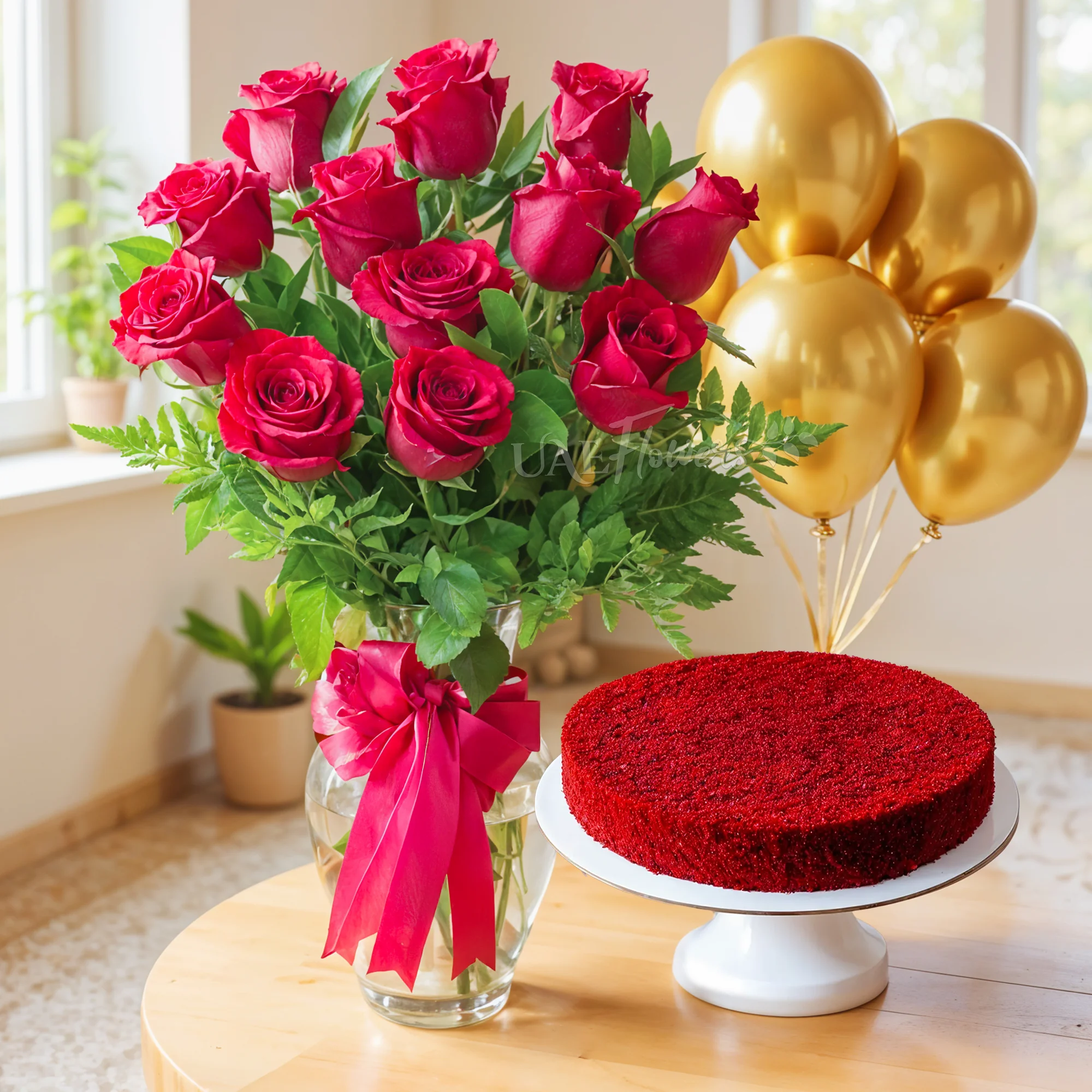 12 red roses with green fillers in a glass vase, 1 kg red velvet cake and 5 golden latex balloons.