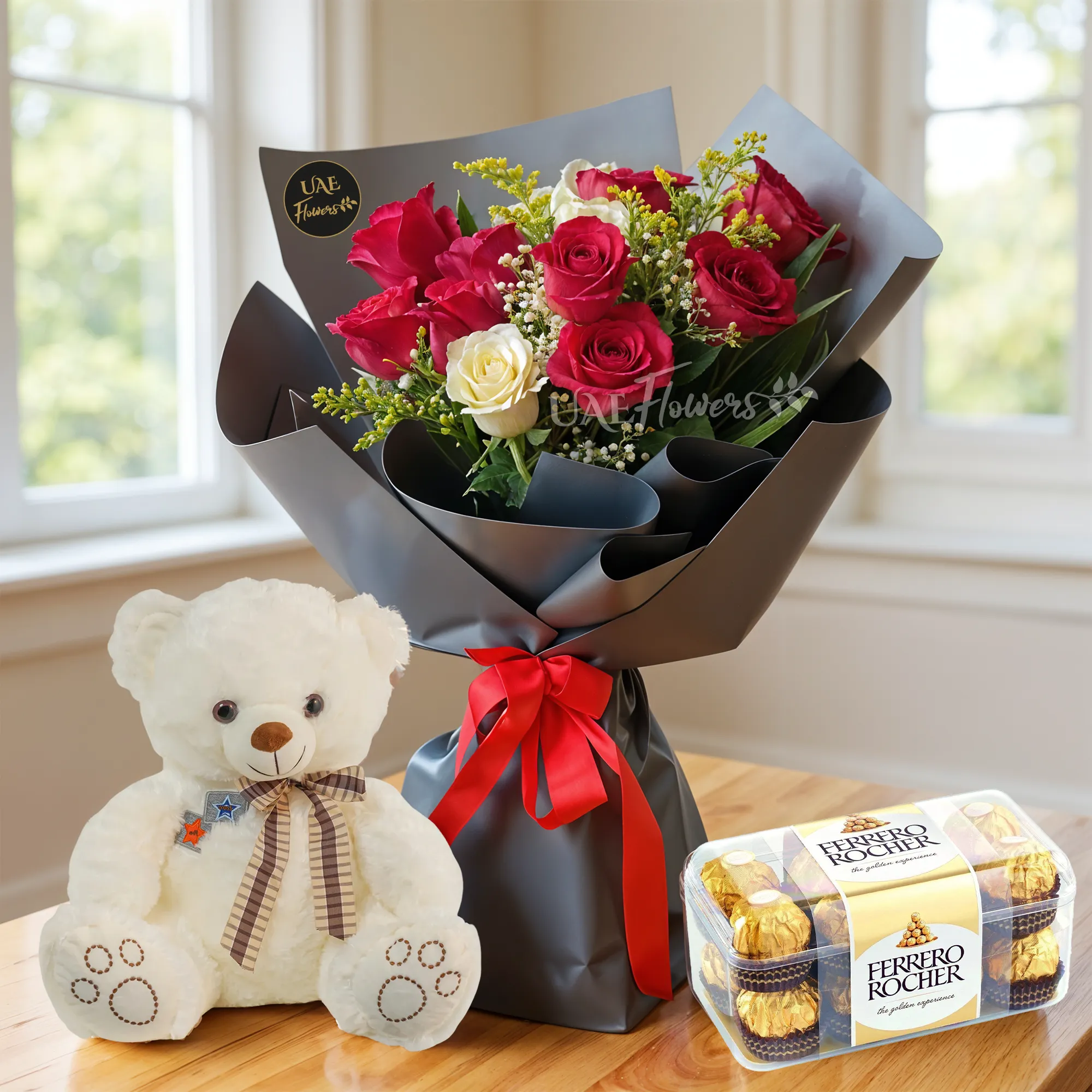 Bouquet of 9 red & 3 white roses with green fillers in paper packing tied with ribbons with a small teddy bear and 16 pcs ferrero rocher chocolate.