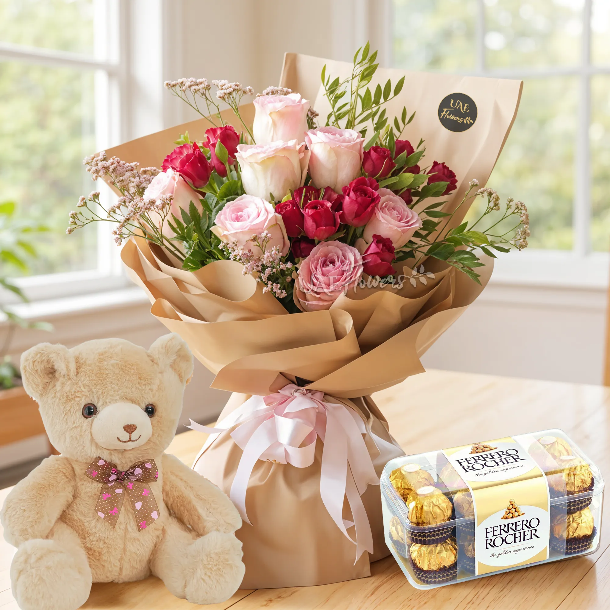 Bouquet of 7 pink roses and 3 red spray roses with green and limonium fillers in paper packing with ribbons with small teddy bear and 16 pcs ferrero rocher chocolate.