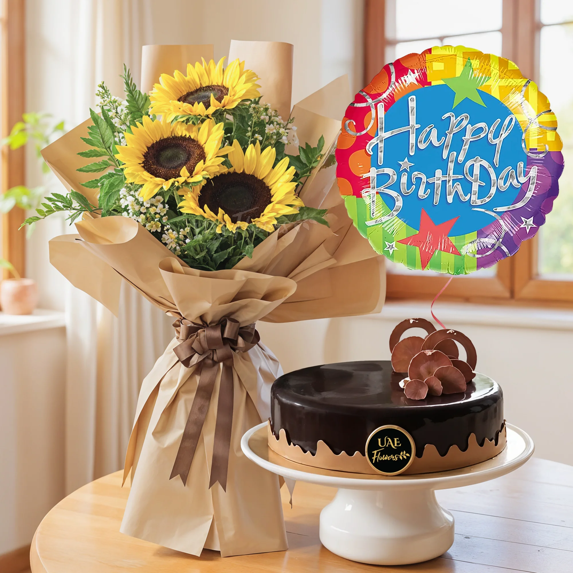 Bouquet of 3 sunflowers with green fillers in nice wrapping, 1 kg chocolate cake and HAPPY BIRTHDAY foil balloon.
