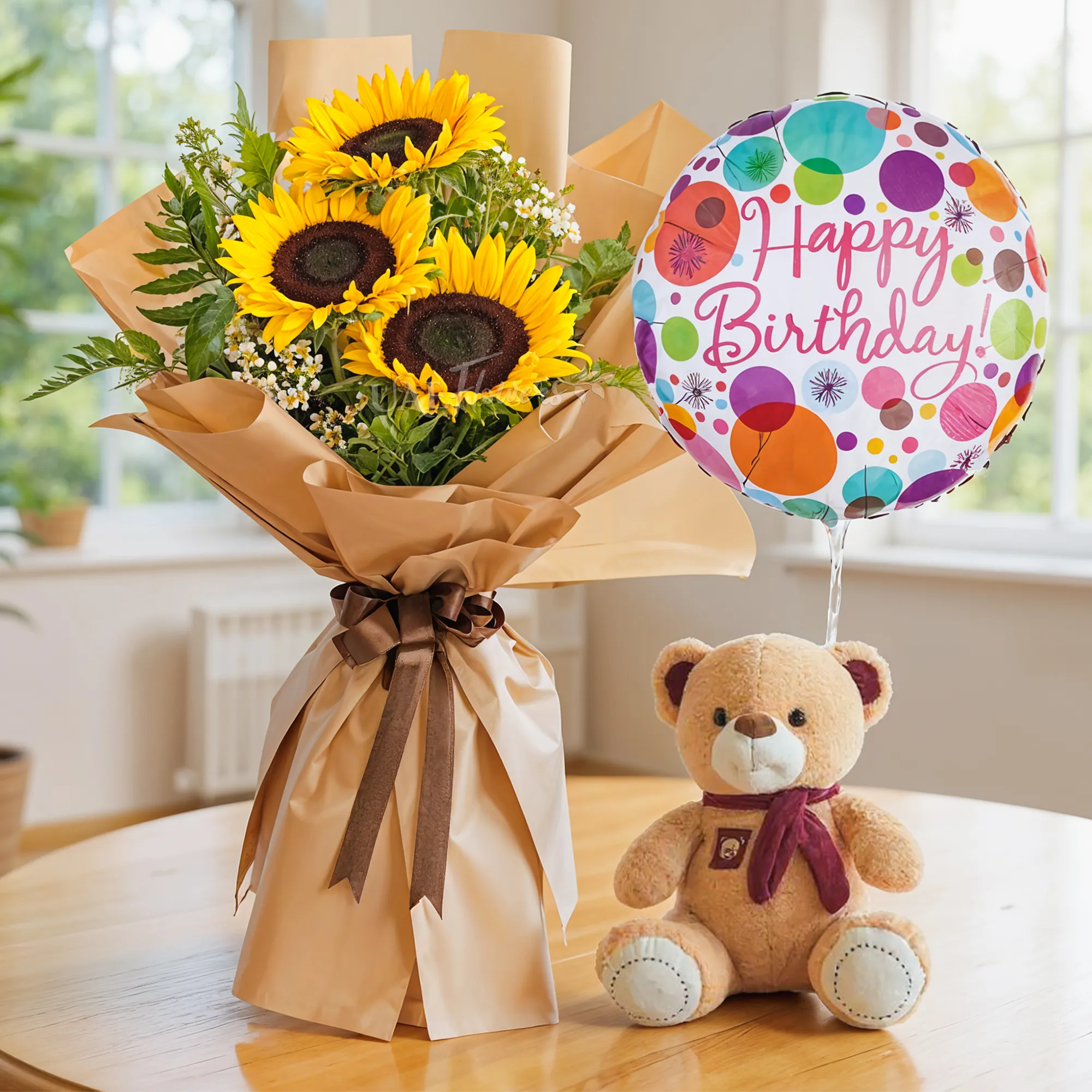 Bouquet of 3 sunflowers with green fillers in nice wrapping with small teddy bear and HAPPY BIRTHDAY foil balloon.
