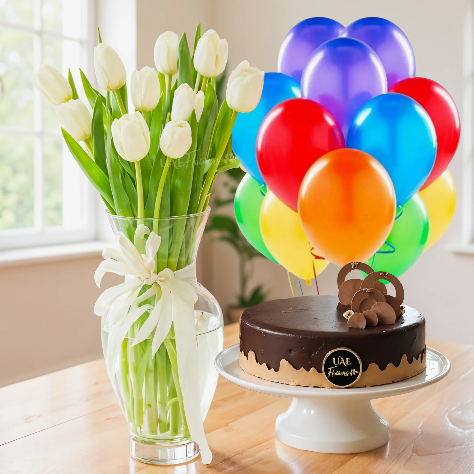 10 white tulips in a glass vase, 1 kg chocolate cake and 10 mix latex balloons.