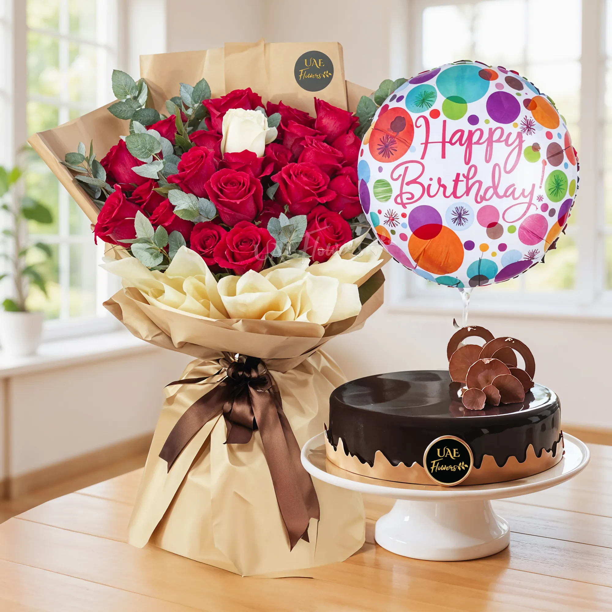 Bouquet of 19 red roses and 1 white rose in center with green fillers in paper packing tied with brown ribbons and 1 kg chocolate cake with HAPPY BIRTHDAY foil balloon.