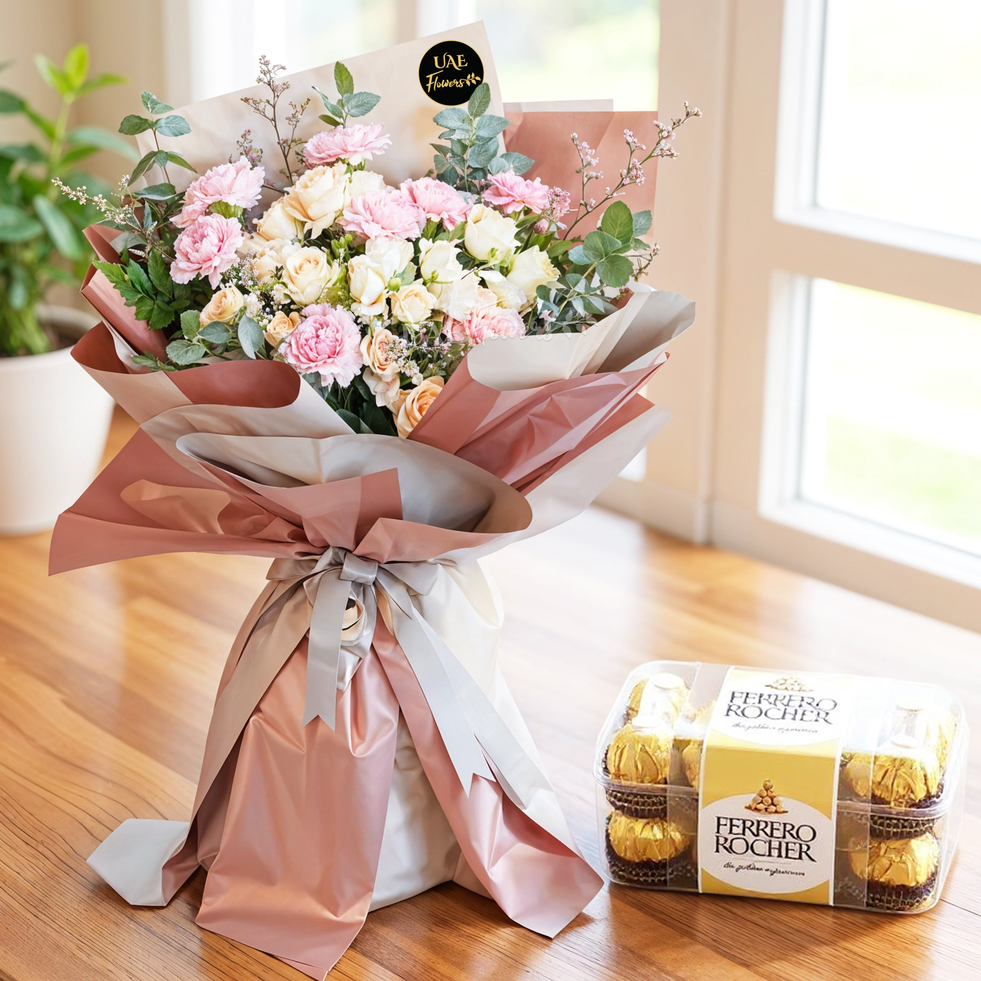 Bouquet of 8 pink carnations, 5 peach spray roses with green fillers in paper packing with ribbons and 16 pcs ferrero rocher chocolate.