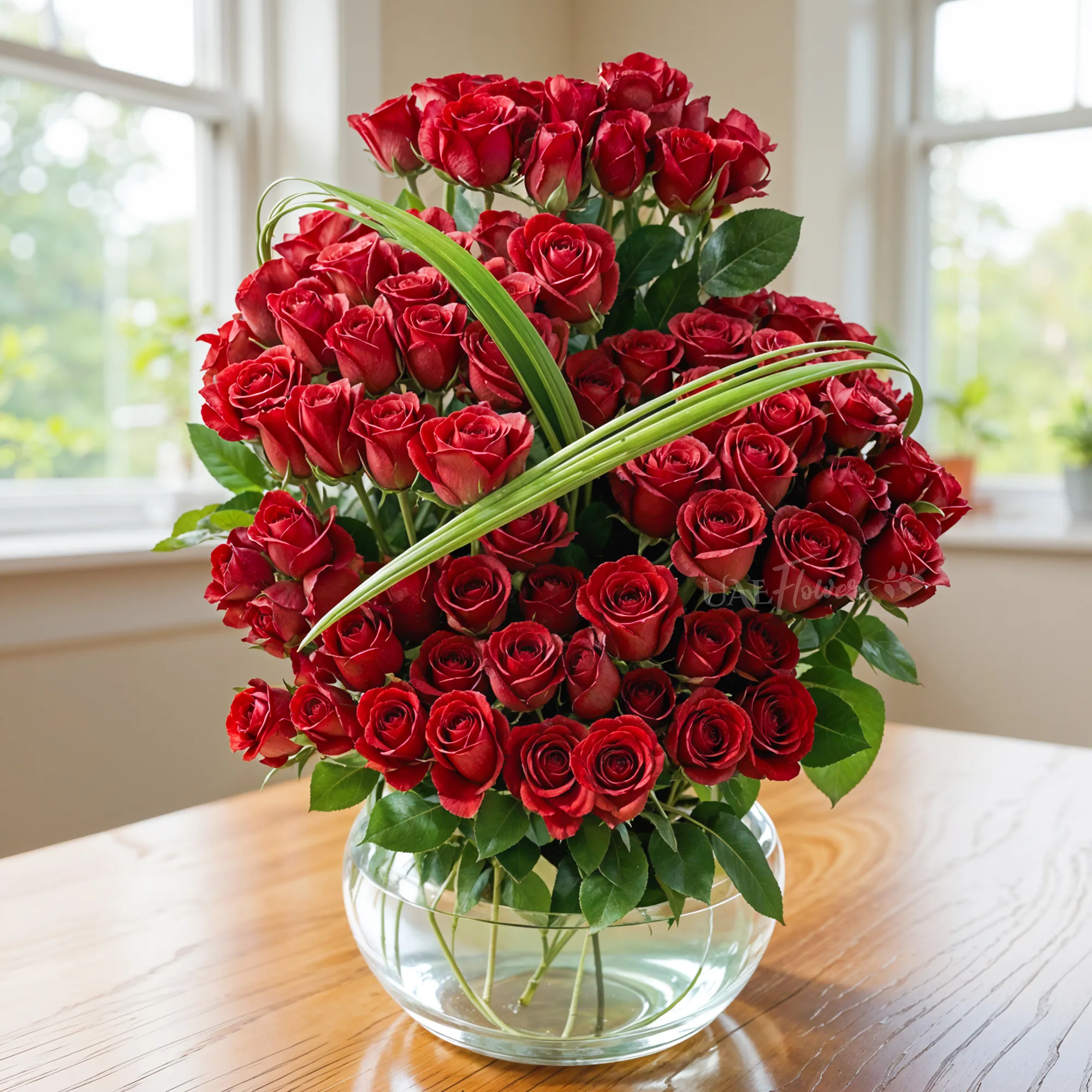 Glass vase with 100 Stems Of Red Roses in step with steel grass