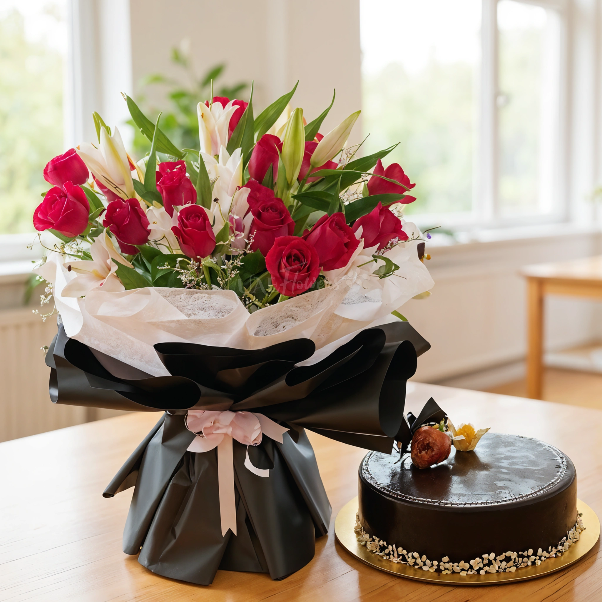 Bouquet of 3 pink lilies and 15 red roses with green fillers in nice wrapping and 1 kg chocolate cake.