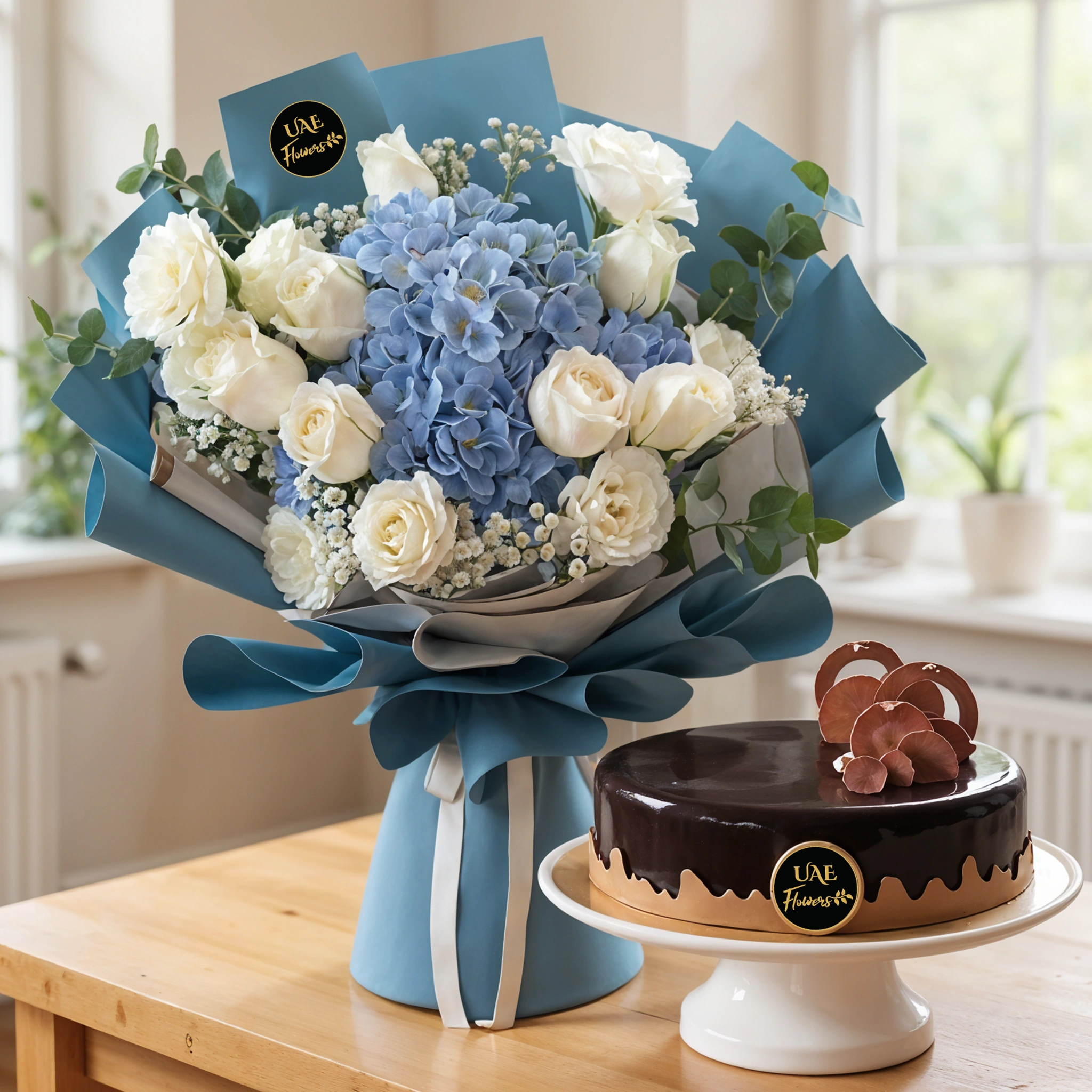 Bouquet of 12 white roses and 1 blue hydrangeas in center with greens in nice wrapping and 1 kg chocolate cake.