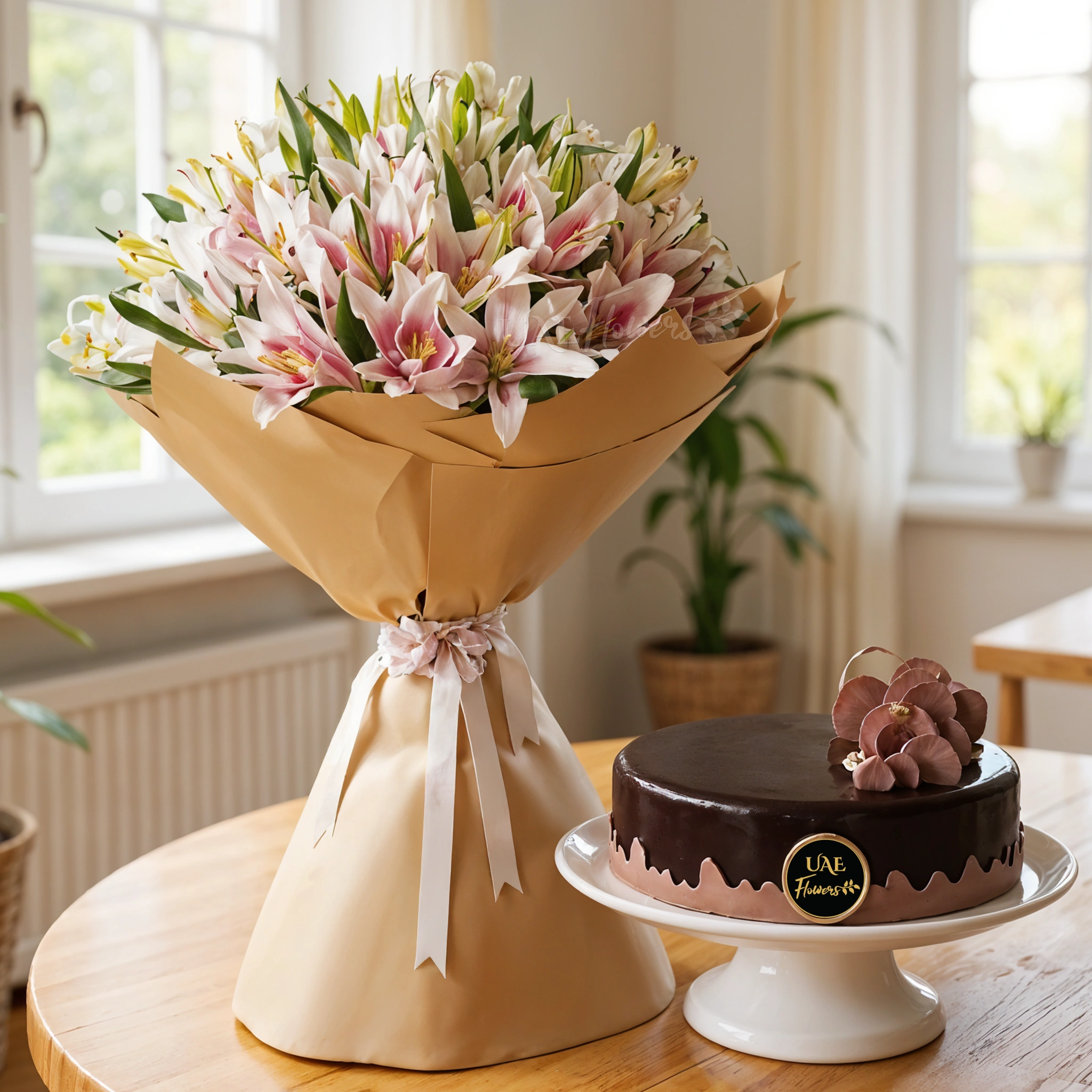 Bouquet of 20 pink lilies with greens in nice wrapping and 1 kg chocolate cake.