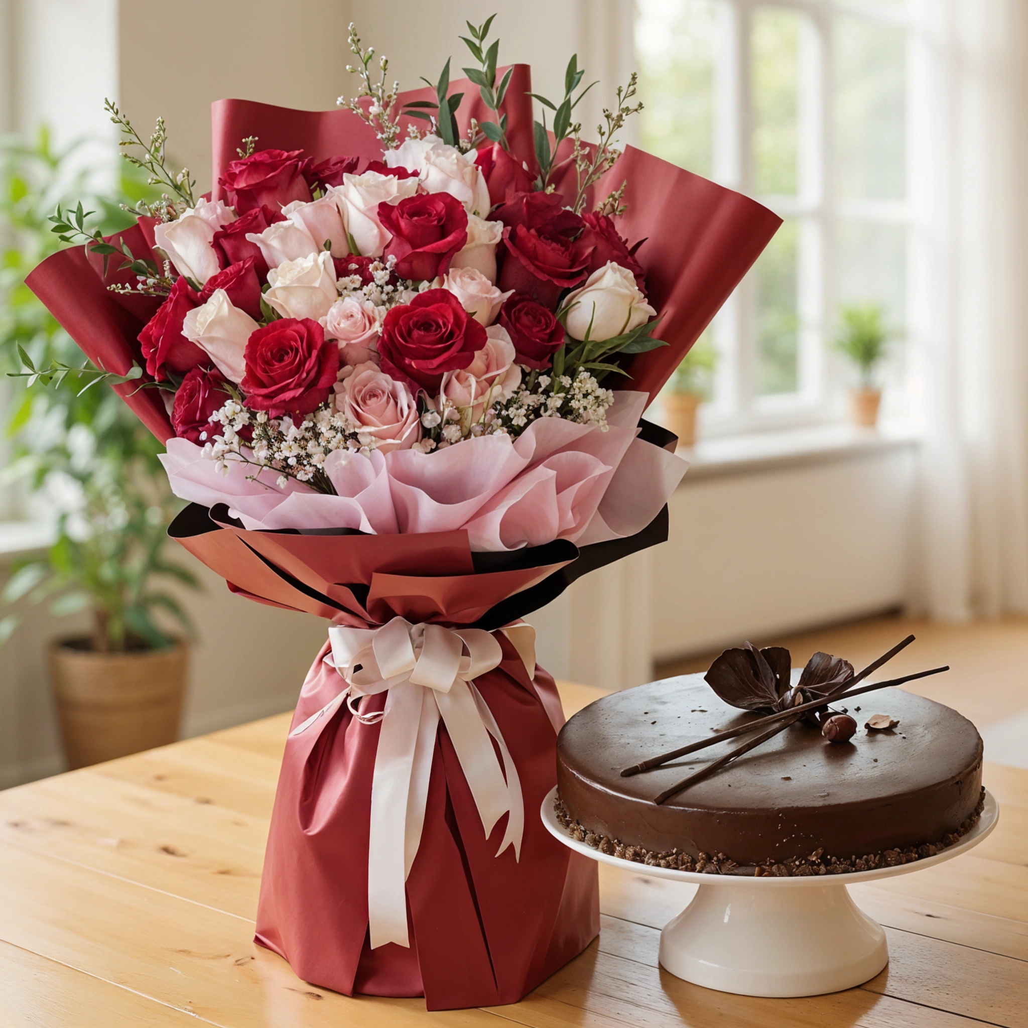 Bouquet of 30 pink and red roses with green fillers in nice wrapping and 1 kg chocolate cake.