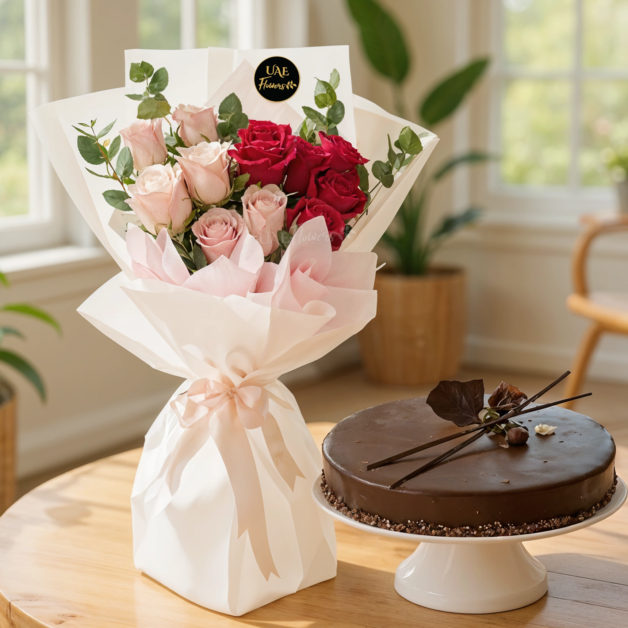 Bouquet of 6 red and 6 pink roses with green fillers in nice wrapping and 1 kg chocolate cake.