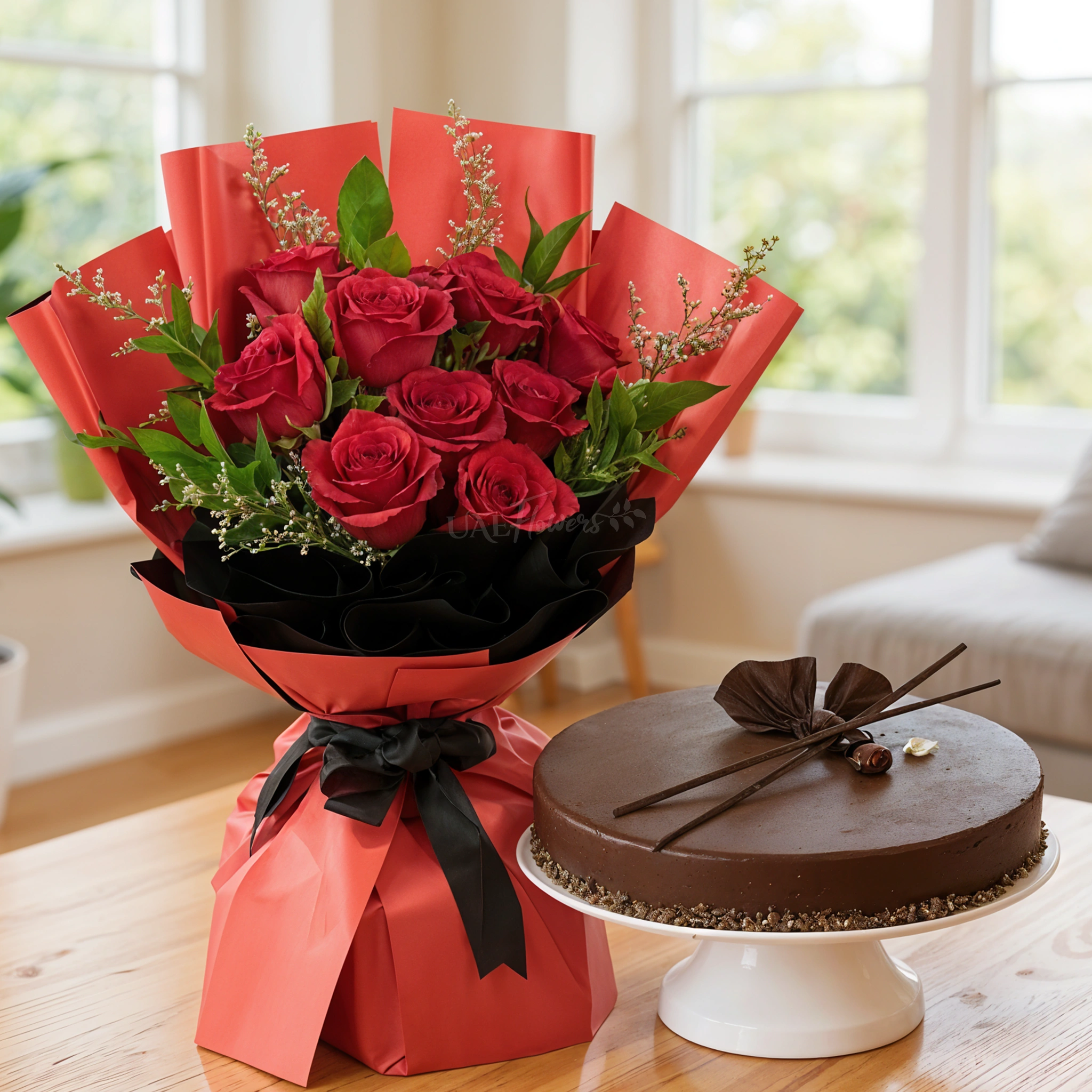 Bouquet of 10 red roses with green fillers in nice wrapping and 1 kg chocolate cake.