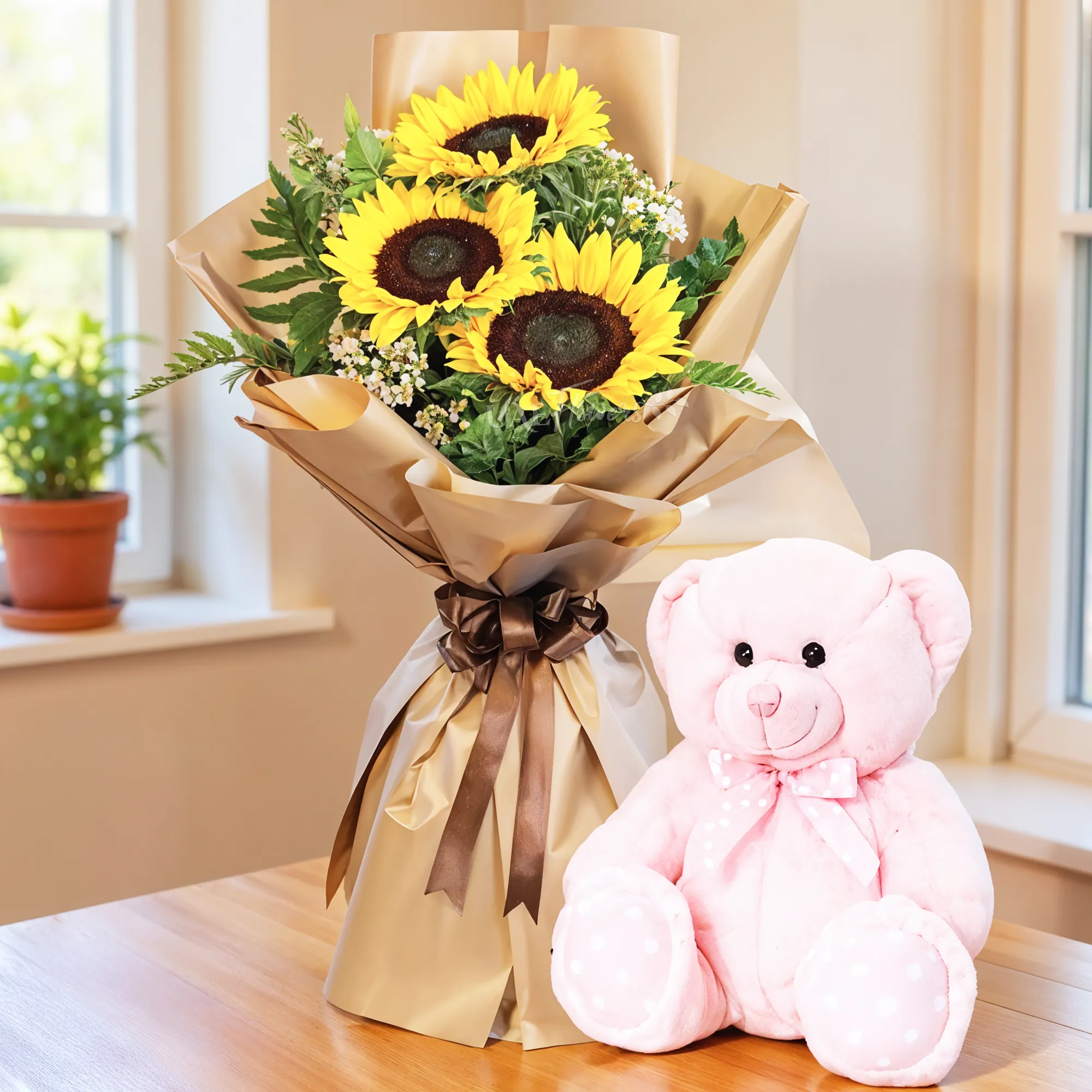 Bouquet of 3 sunflowers with green fillers in nice wrapping and a small pink teddy bear.