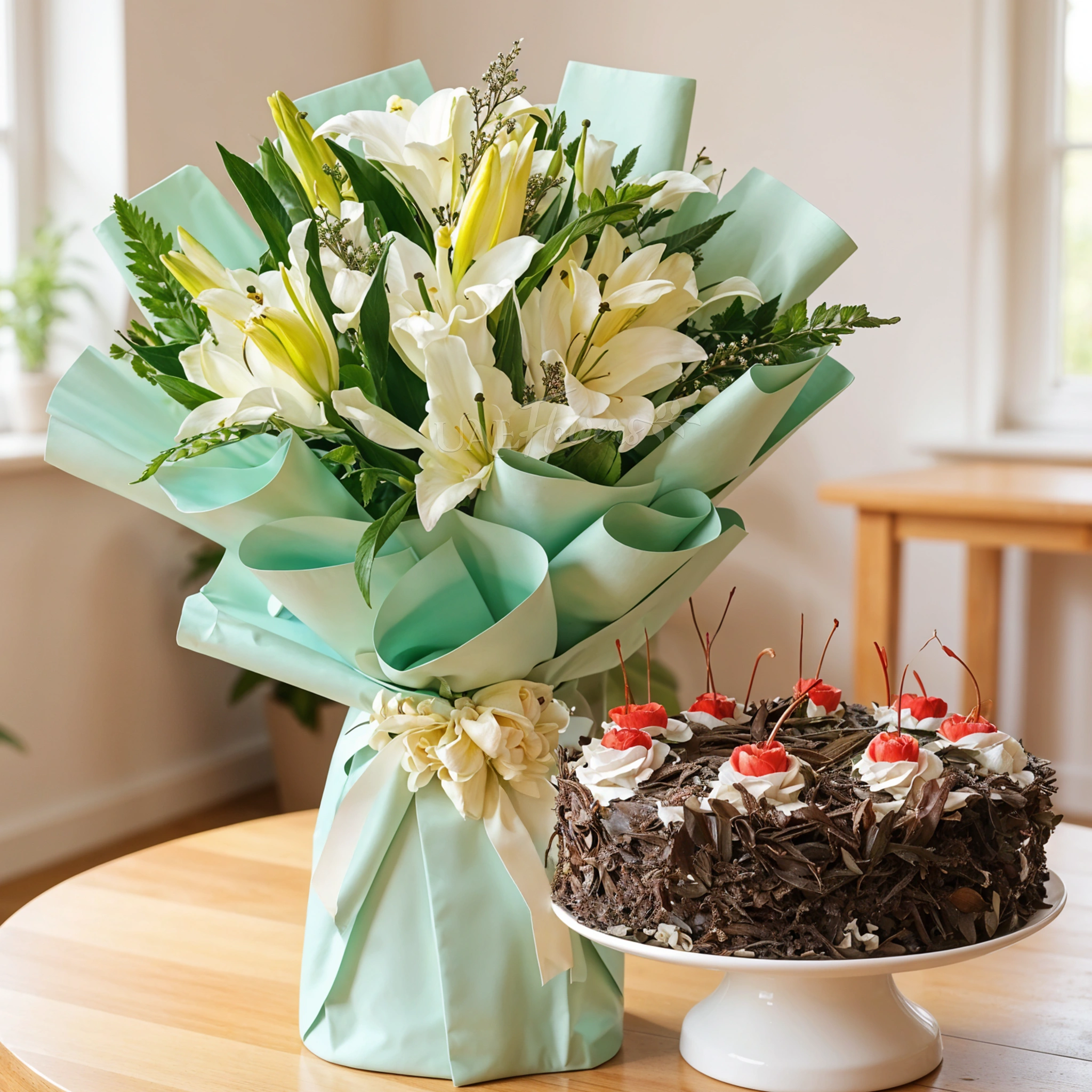 Bouquet of 4 white lilies with green fillers in nice wrapping and 1 kg black forest cake.