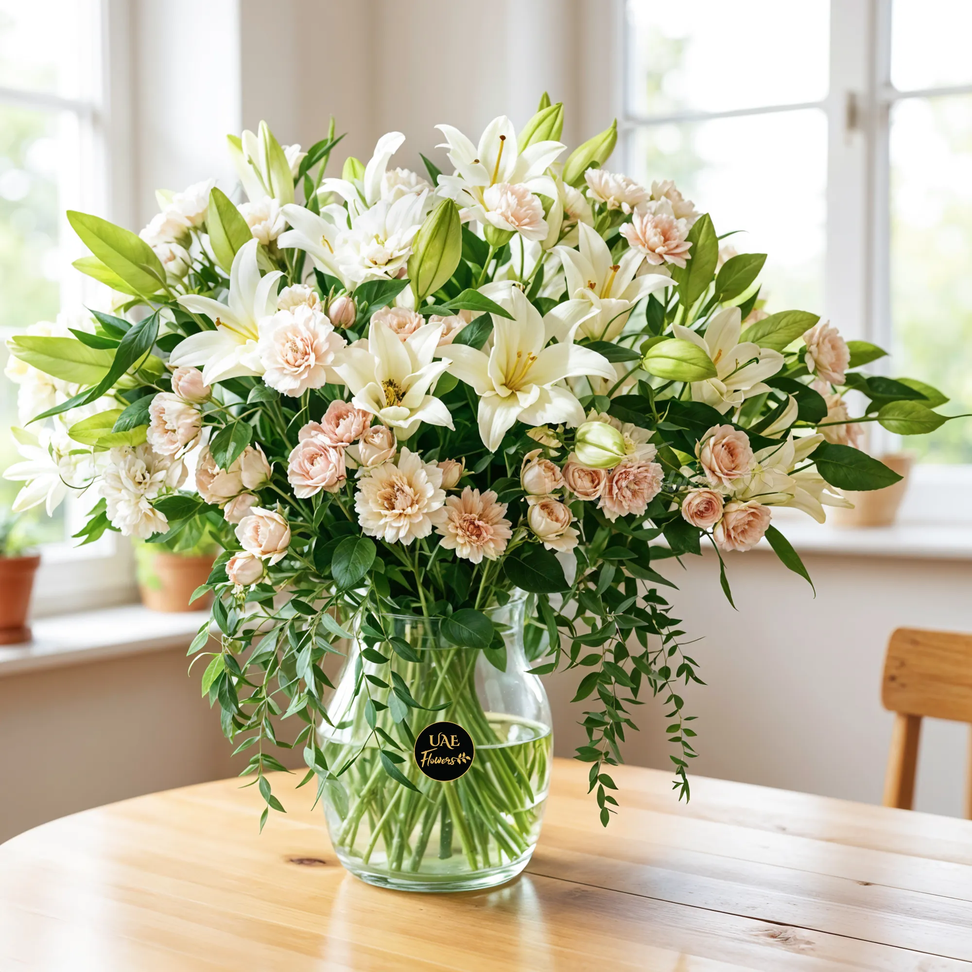 10 white lilies, 20 pink carnations and 20 pink spray roses with fillers in a glass vase.