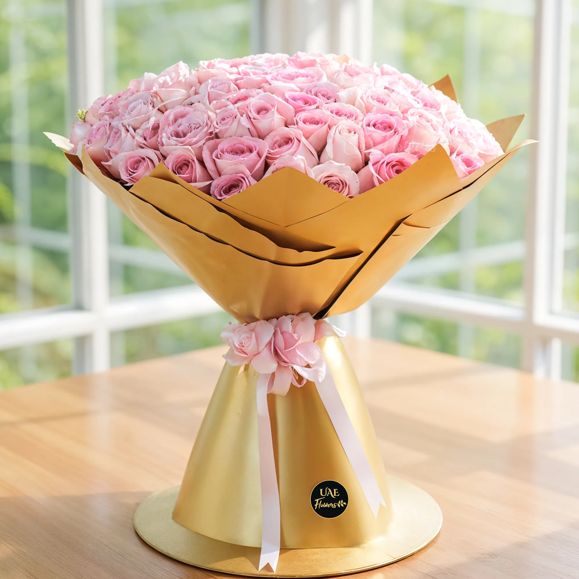 Bouquet of 100 Pink Roses in golden Wrapping Paper with Pink Ribbon.