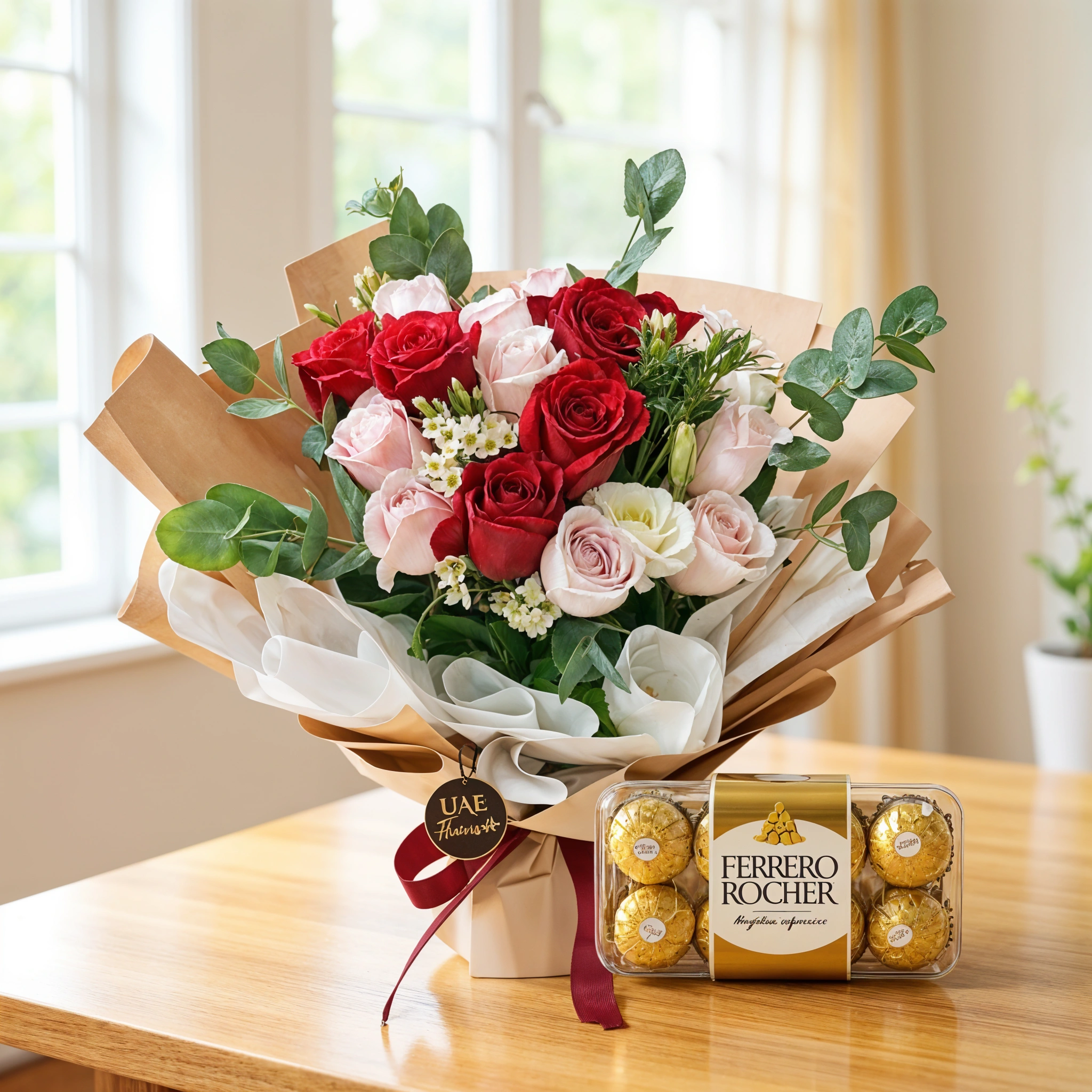 Bouquet of 6 stems of pink roses and 6 stems of red roses with green fillers in nice wrapping along with a box of 16 Pcs Ferrero Rocher Chocolate.