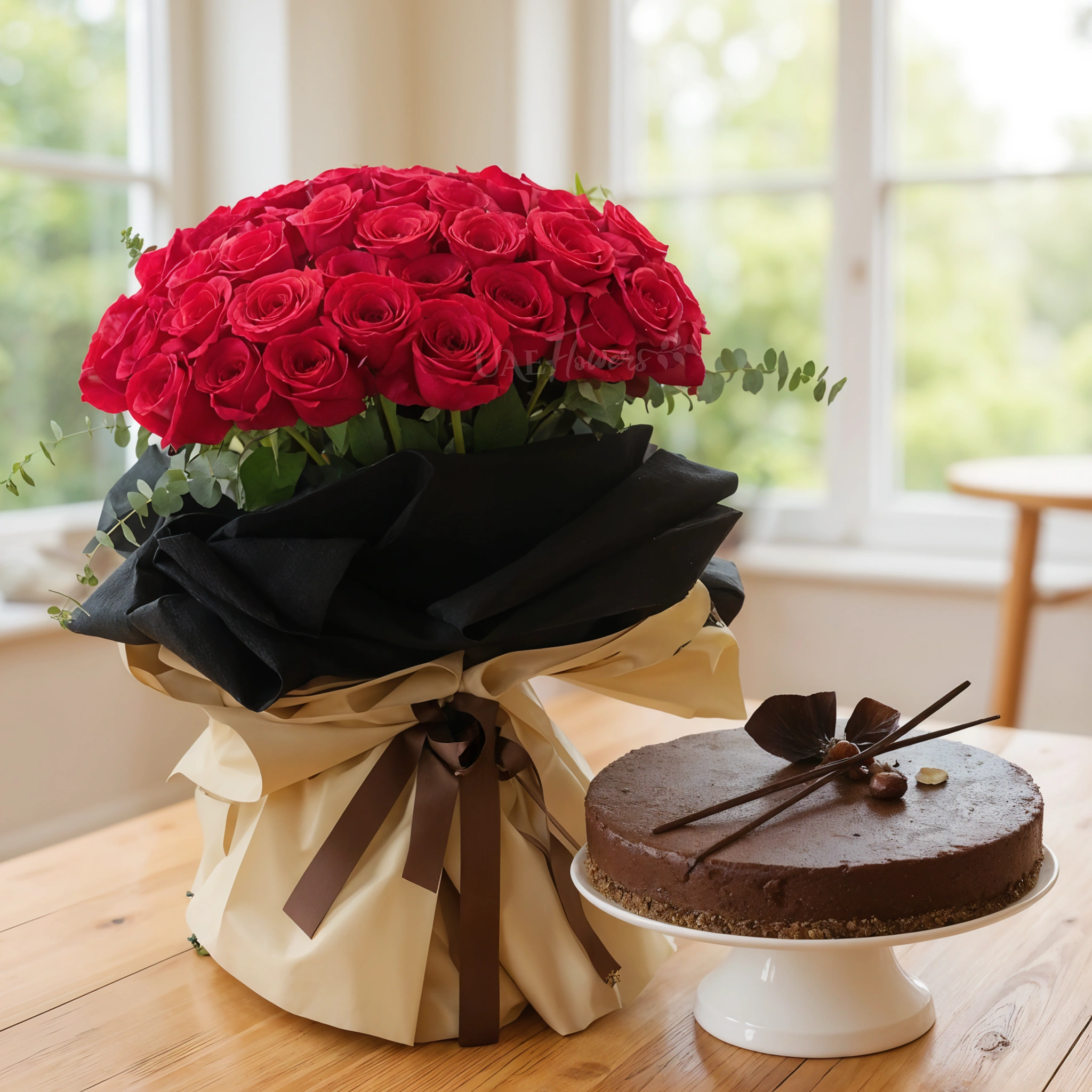 Bouquet of 40 red roses with green fillers in nice wrapping and 1 kg chocolate cake.