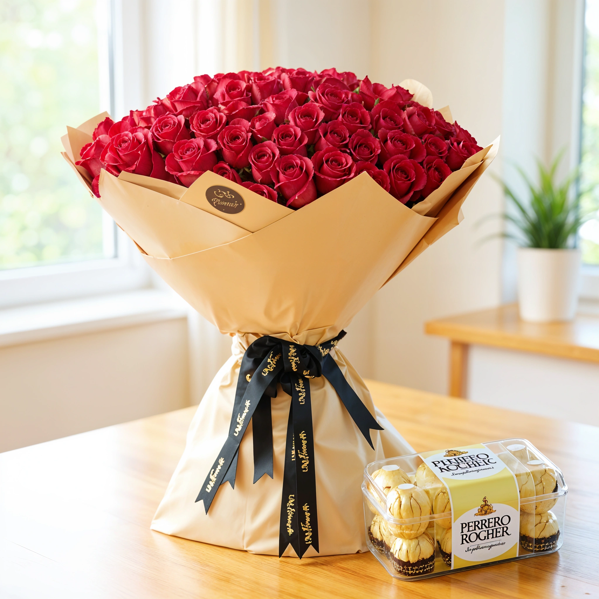 Bouquet of 100 red roses wrapped in brown paper packing and tied with ribbons and 16 pcs of Ferrero Rocher Chocolate box.