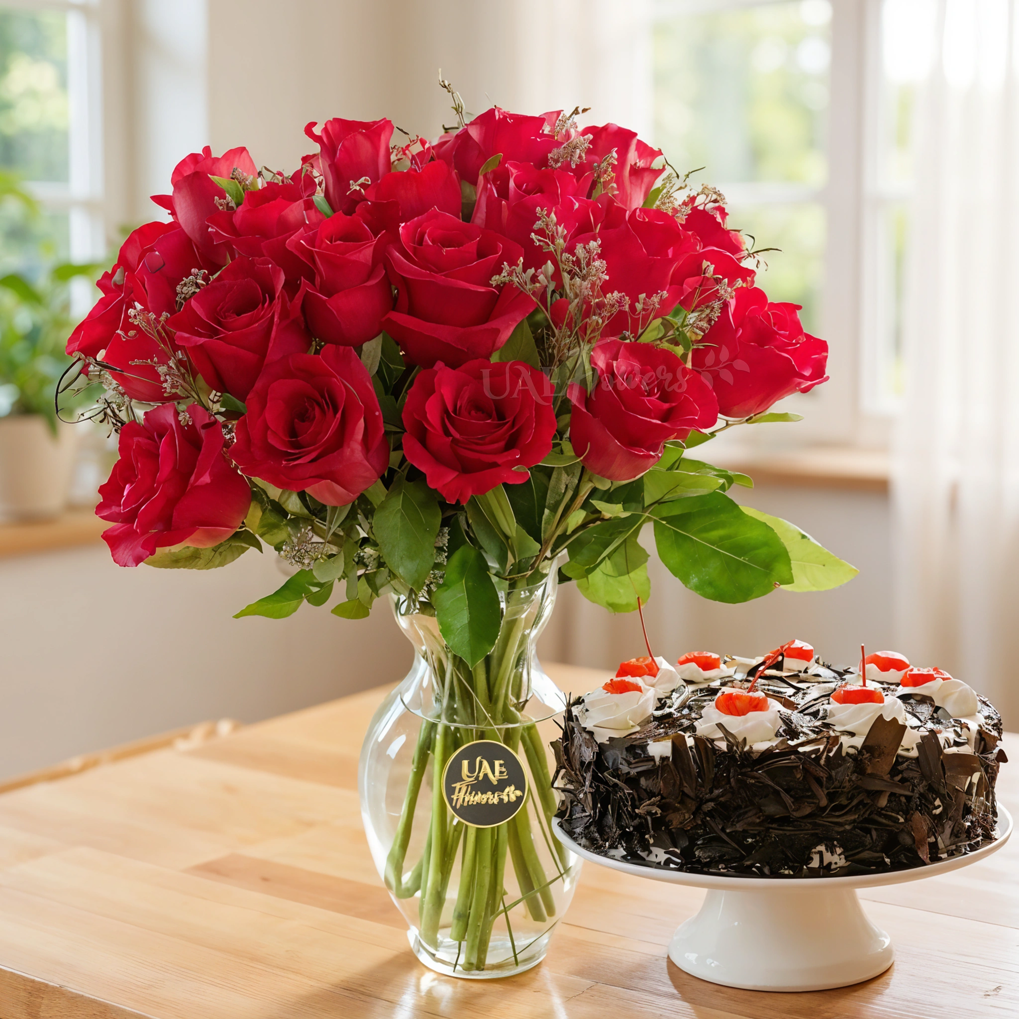 20 red roses with green fillers in a glass vase and 1 kg black forest cake.