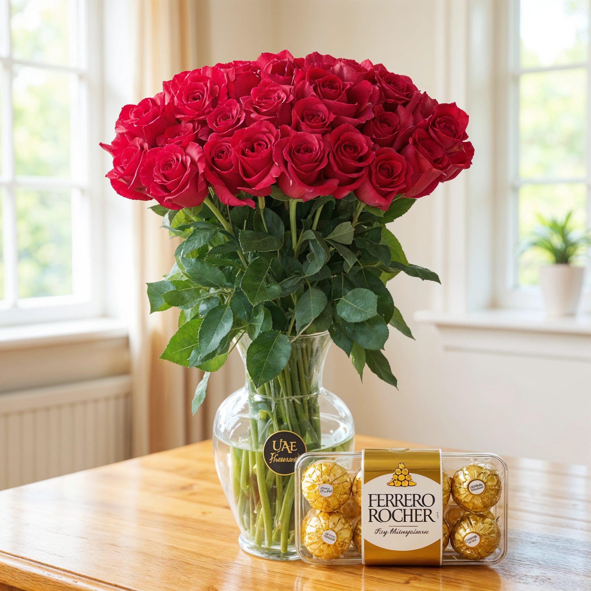 20 long stems of red roses with fillers in a glass vase along with 16 Pcs Ferrero Rocher
