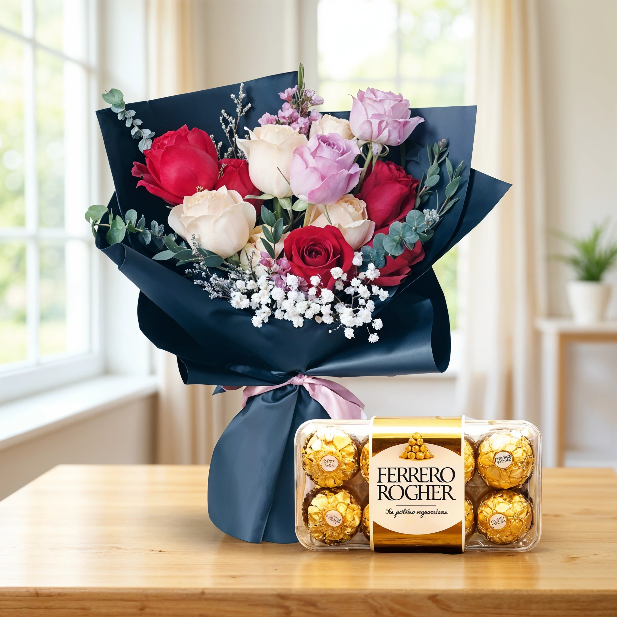 Bouquet of 5 red roses, 5 peach roses, 2 purple roses & white baby breath in nice wrapping along with a box of 16 Pcs Ferrero Rocher