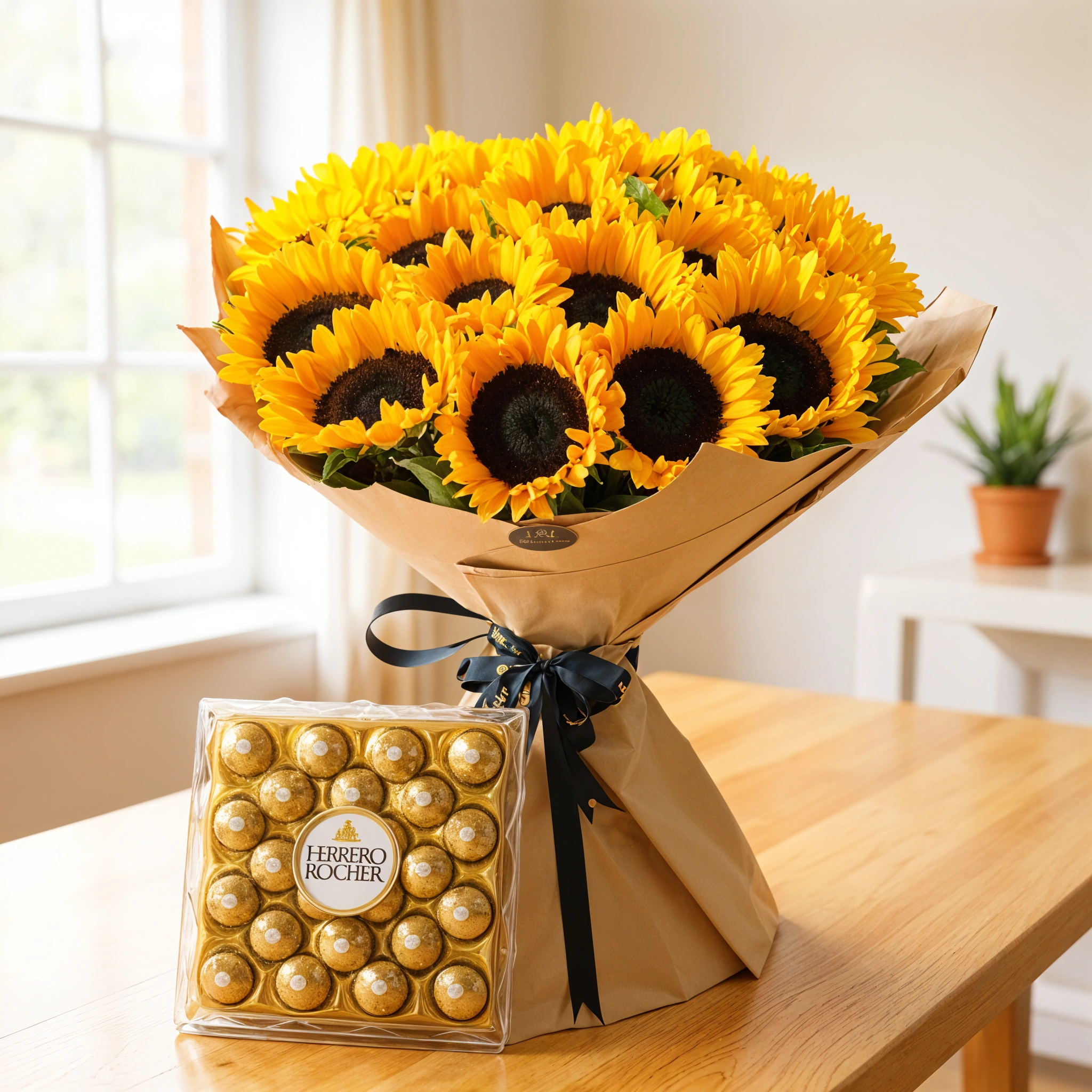 Bouquet of 20 sunflowers with fillers in brown wrapping paper and tied with ribbons and 24 pcs of ferrero rocher chocolate.