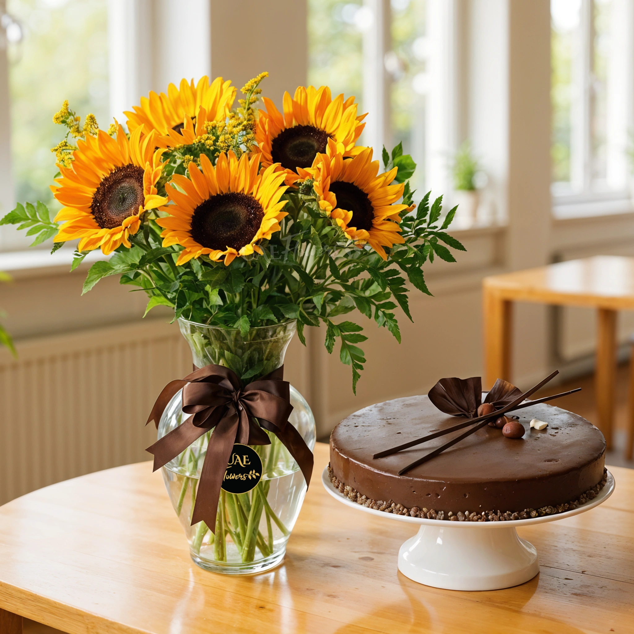 5 sunflowers with green fillers in a glass vase with 1 kg chocolate cake.