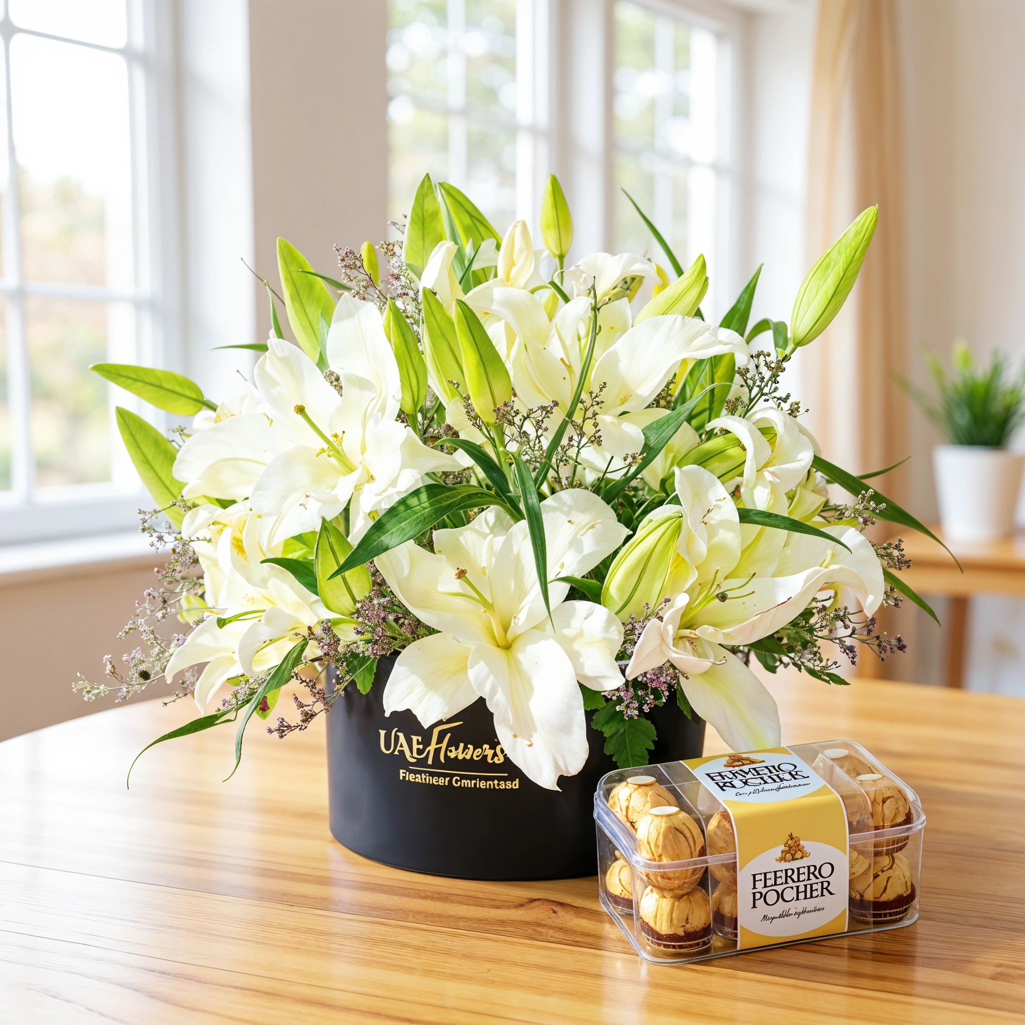 Box arrangement of 6 White Lilies with limonium and green fillers and 16 pcs of ferrero rocher chocolate.