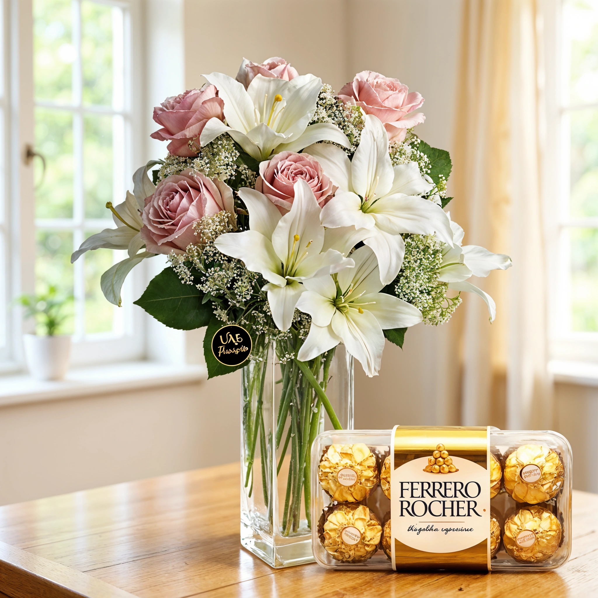 2 Stem of White Lilies and 6 Stem of Peach Roses with fillers in a glass vase with 16 pcs Ferrero Rocher Chocolate box