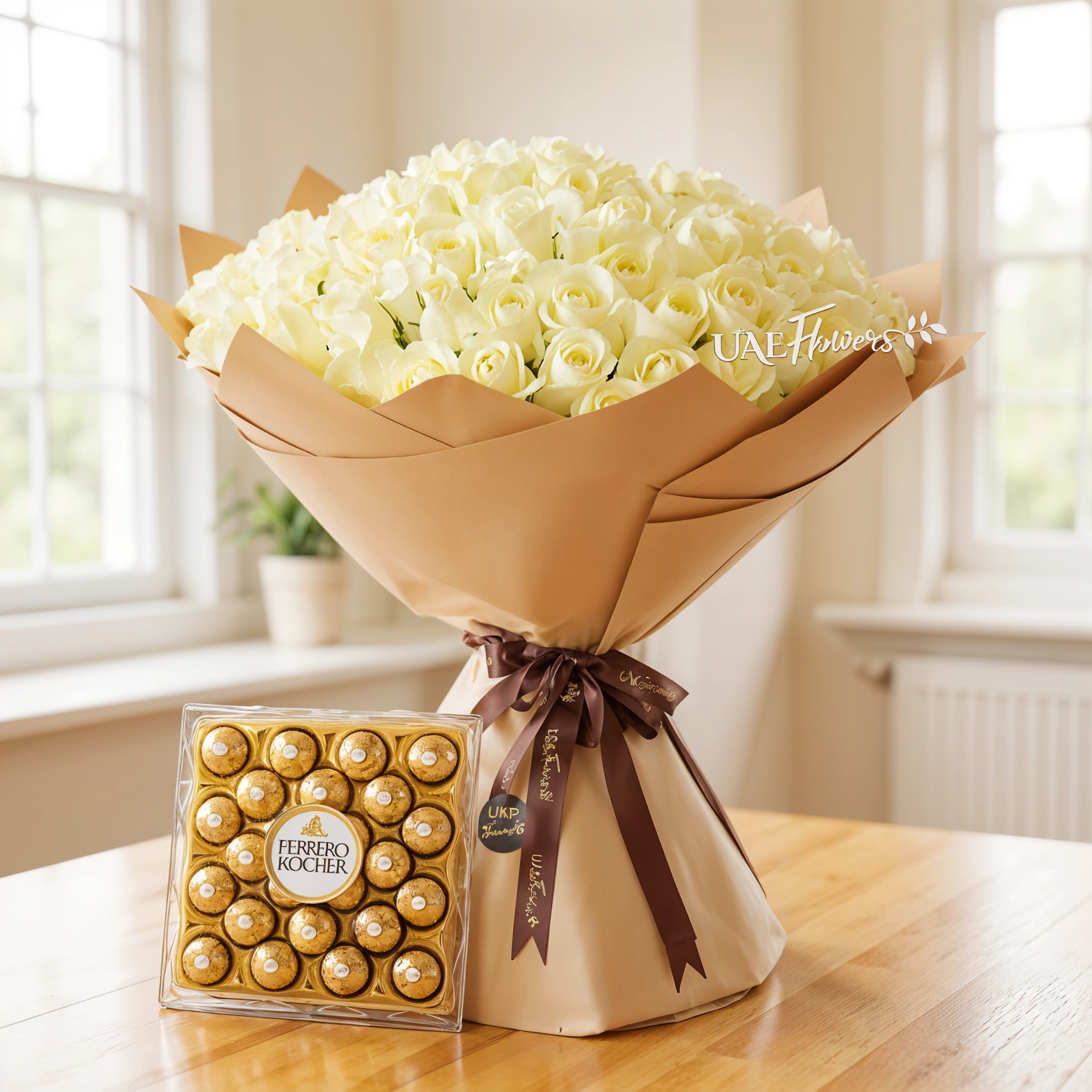 Bouquet of 100 White Roses with greens in a nice packing and 24 pcs of ferrero rocher chocolate.