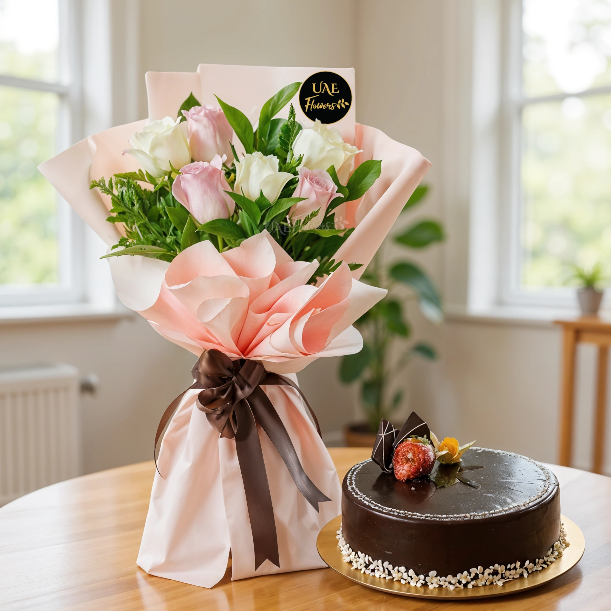 Bouquet of 6 pink and white roses with green fillers in nice wrapping and 1 kg chocolate cake.