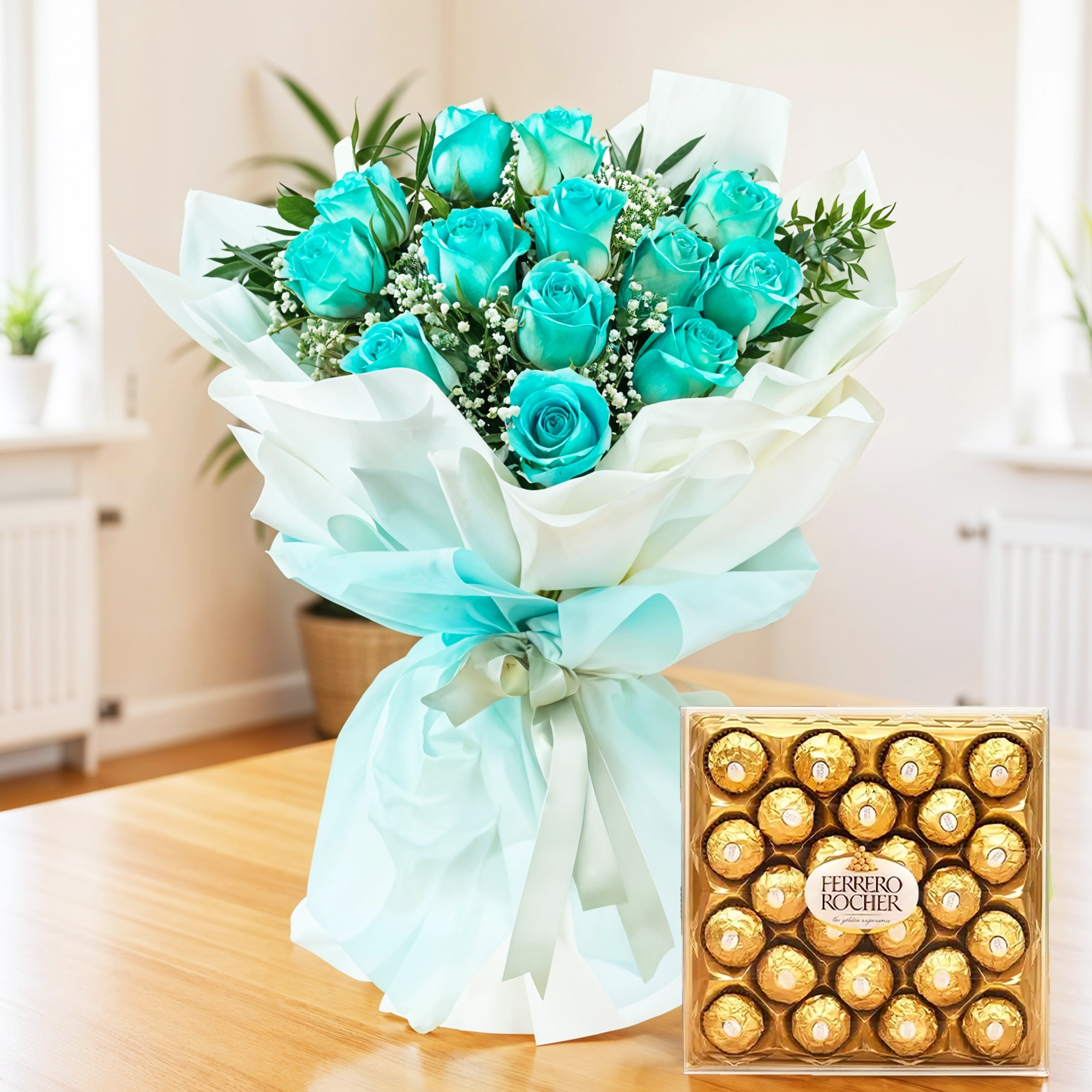 Bouquet of 12 blue sprayed roses with 24 pcs Ferrero Rocher Chocolate box