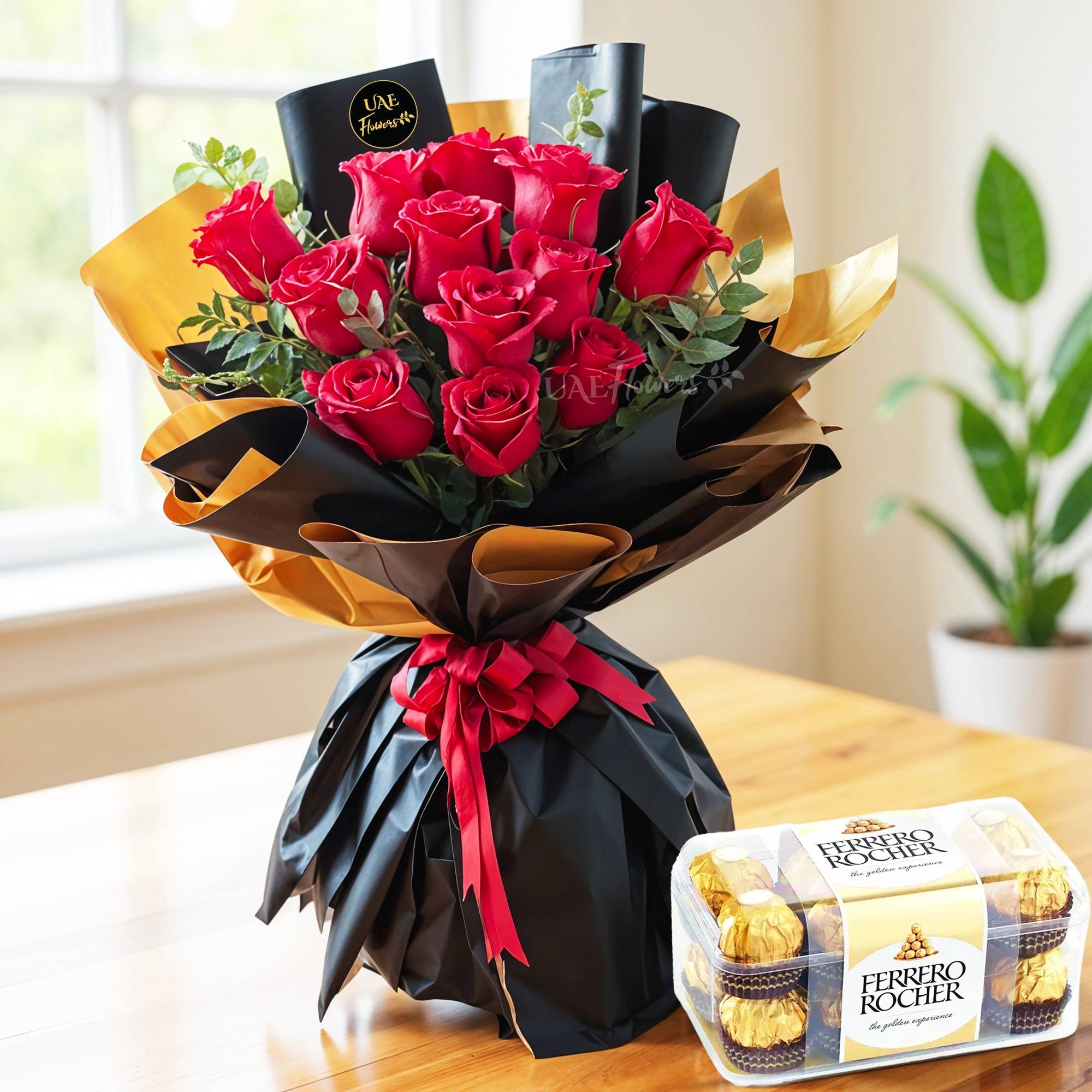 Bouquet of 12 red roses with 16 Pcs Ferrero Rocher.