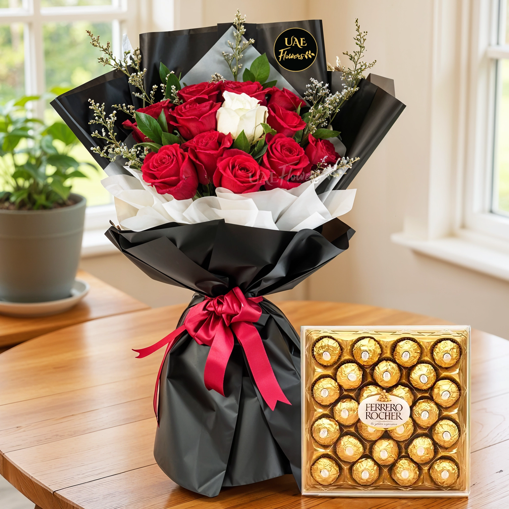 Bouquet of 13 roses & 24 Pcs ferrero rocher chocolate