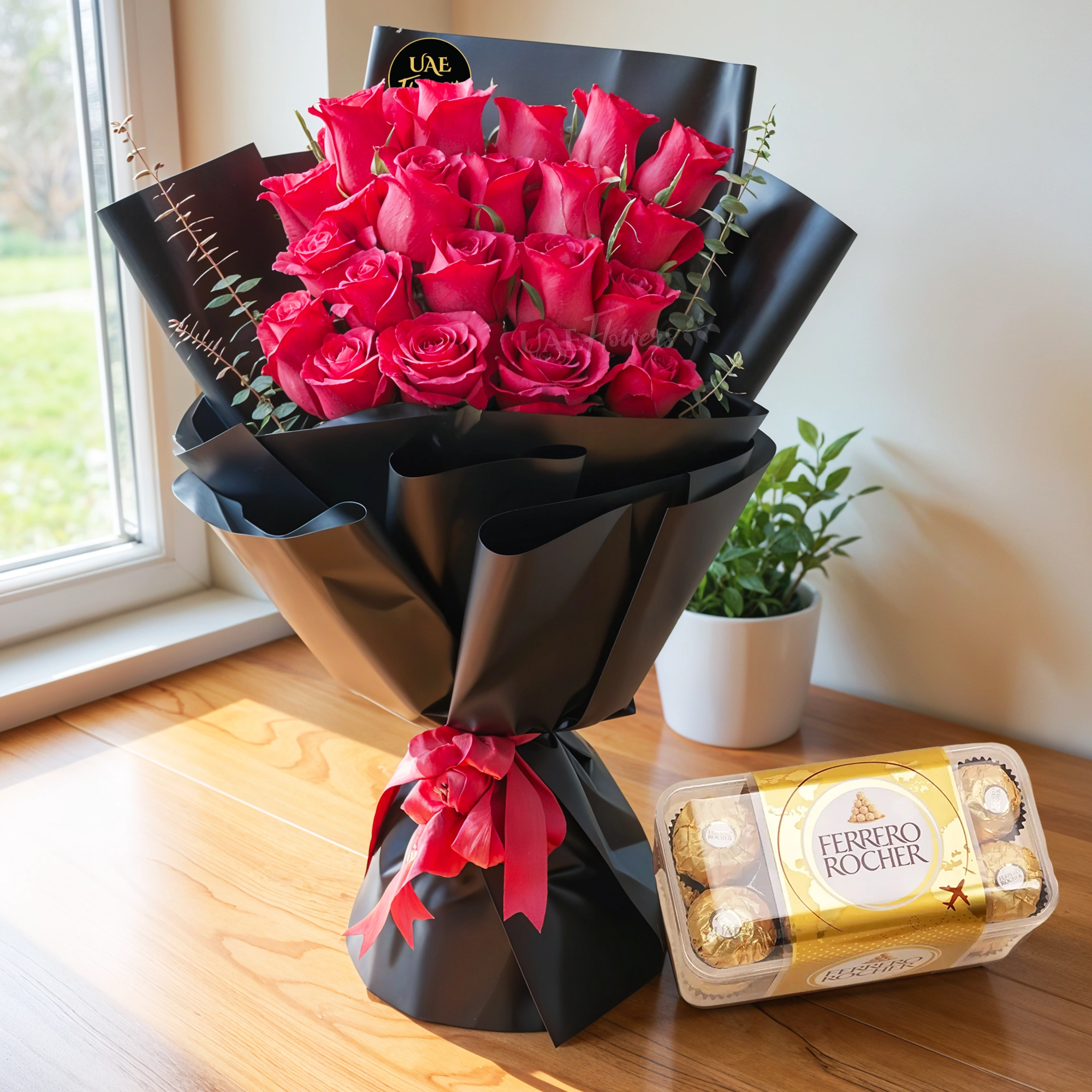 Bouquet of 20 red roses with 16 Pcs Ferrero Rocher Chocolate.