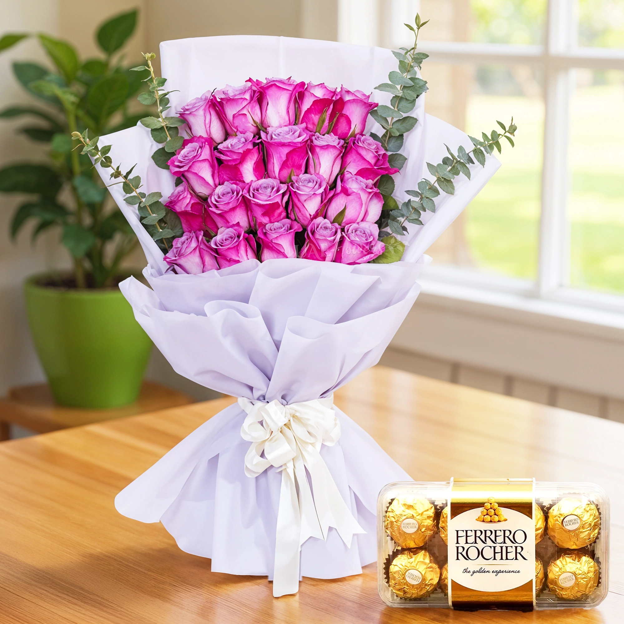 Bouquet of 20 purple roses & 16 pcs of ferrero rocher chocolate.