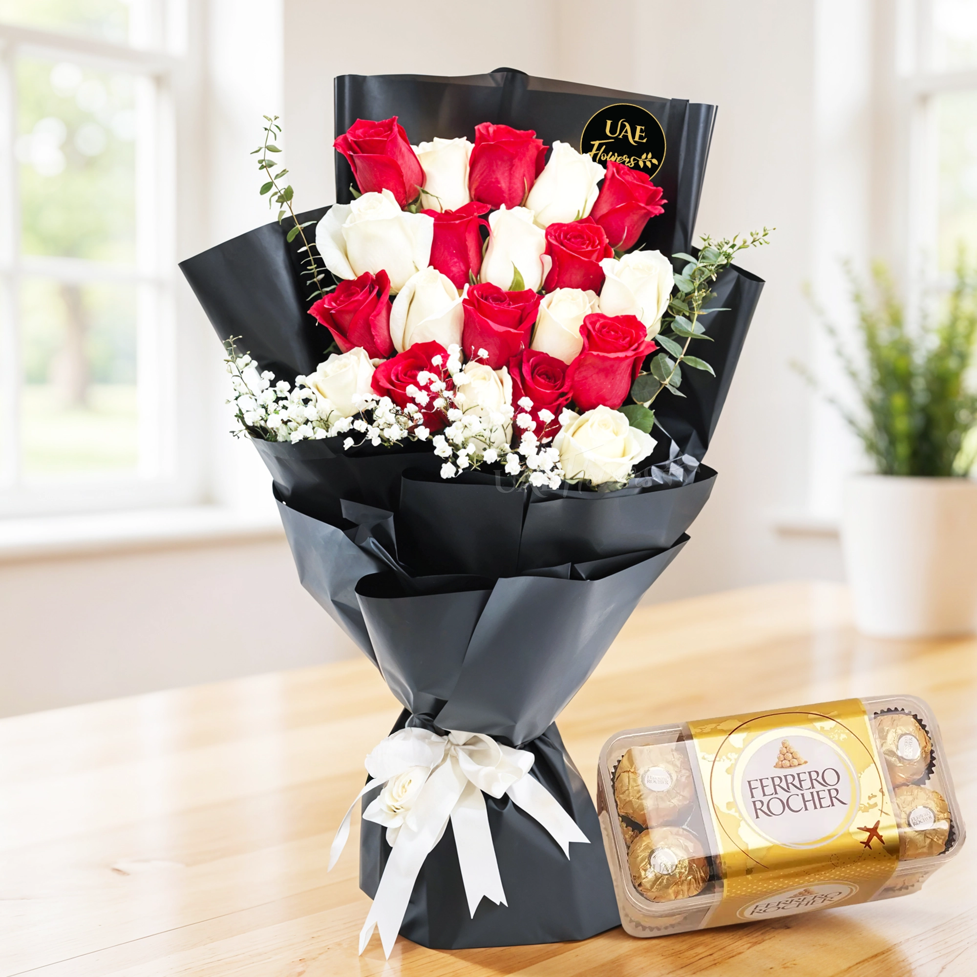 Bouquet of 20 red & white roses and 16 Pcs Ferrero Rocher Chocolate.